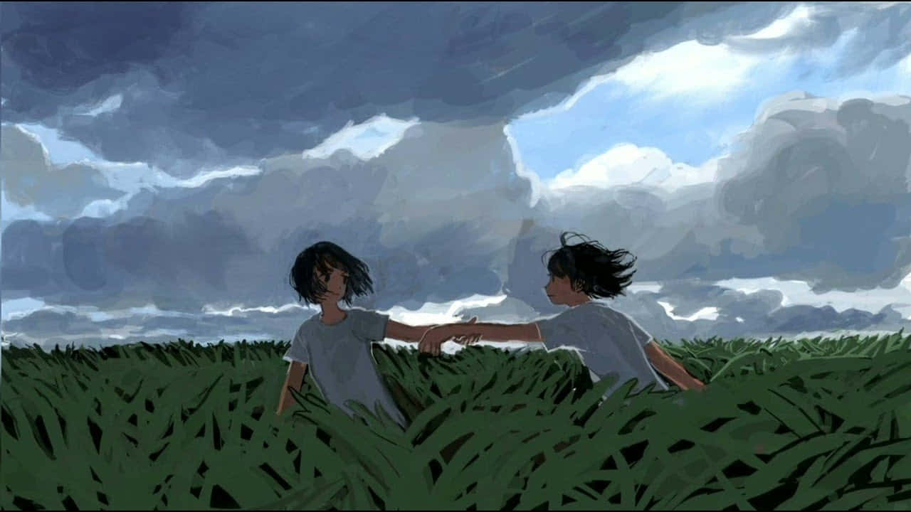  壁紙 — 兩個孩子在戲劇性的多雲天空下穿過高草互相伸手。