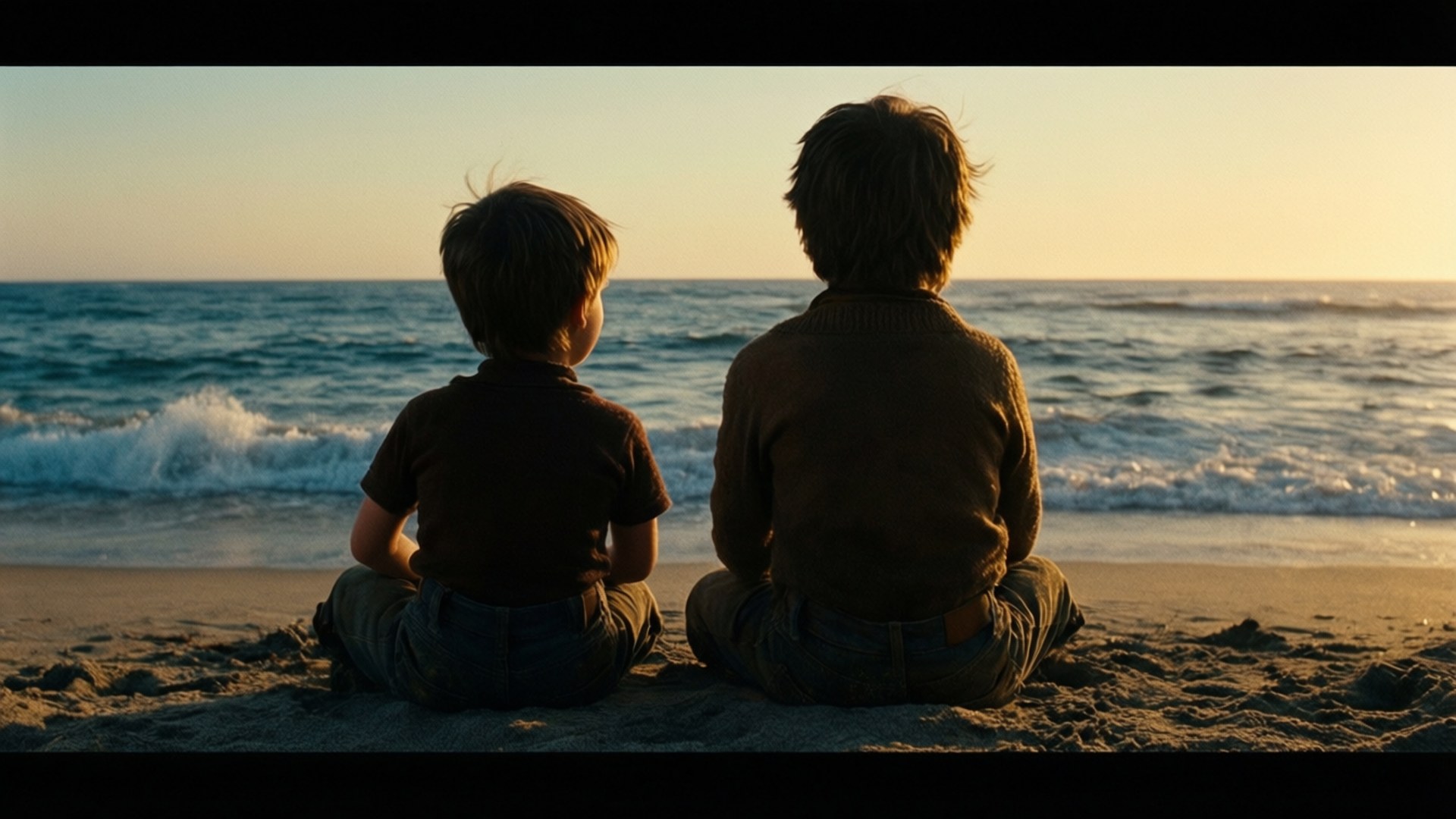 Goonies Never Say Die 壁紙 — 兩個孩子並肩坐在沙灘上，在溫暖的金色夕陽下觀看海浪翻滾。