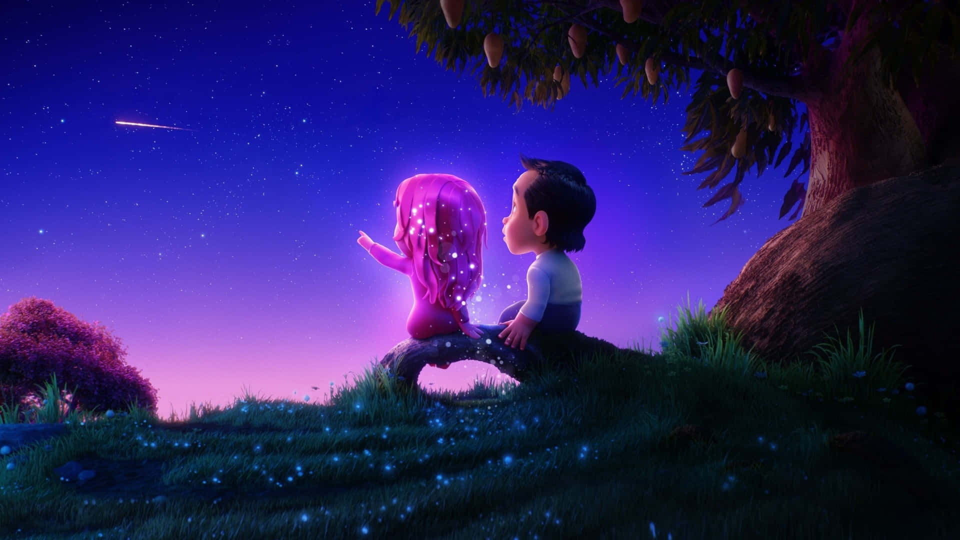  壁紙 — 兩個孩子坐在樹下，看著流星劃過充滿活力的紫色夜空。