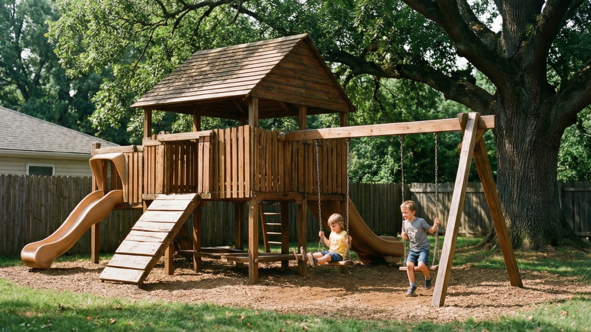 Backyard Fort Swing Set 壁紙 — 兩個孩子在陽光明媚的後院大樹下，愉快地在木製遊樂設施上盪鞦韆。