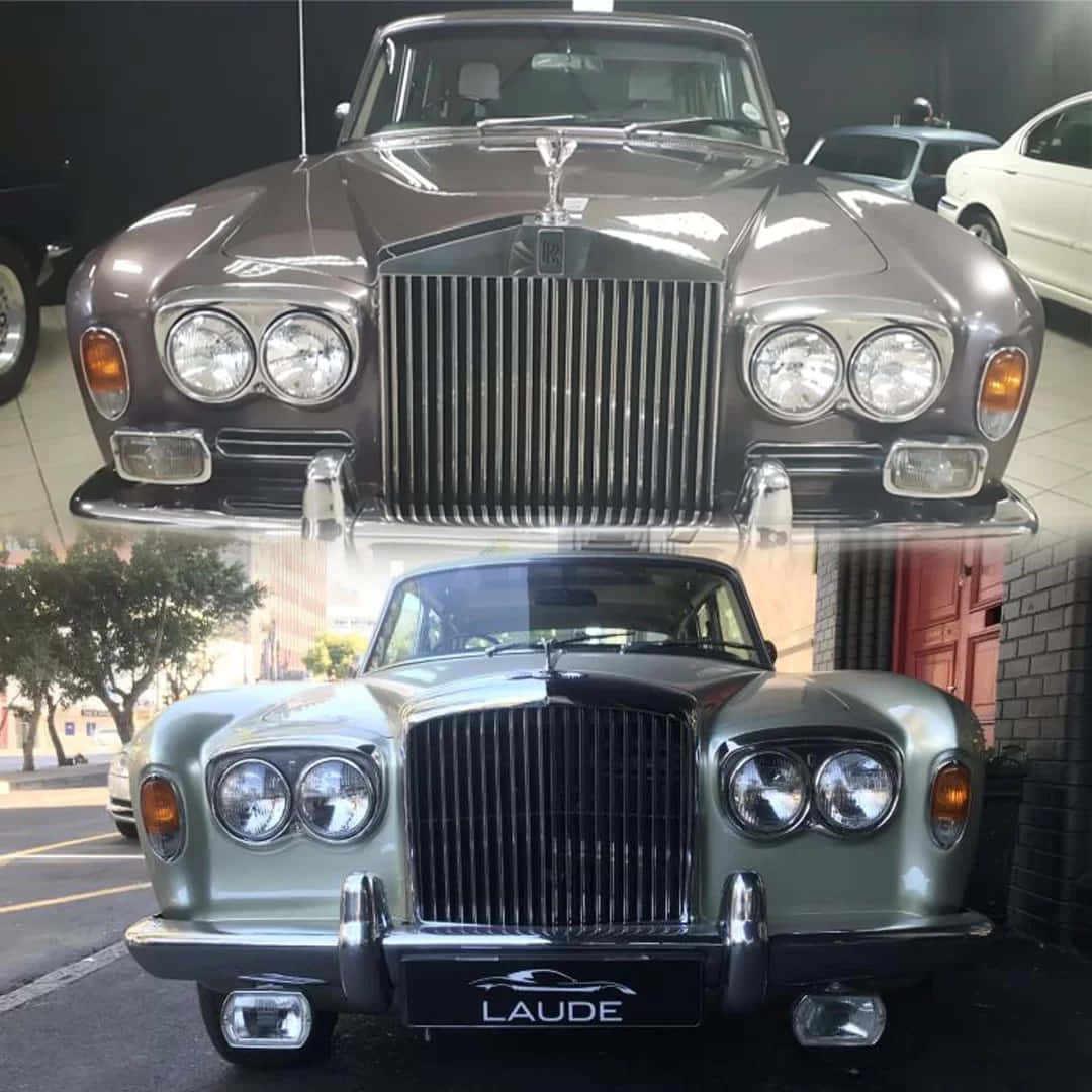 Bentley T1 桌布 壁紙 — 兩輛經典勞斯萊斯銀影汽車，金屬灰色和鼠尾草綠色，以分屏展示。