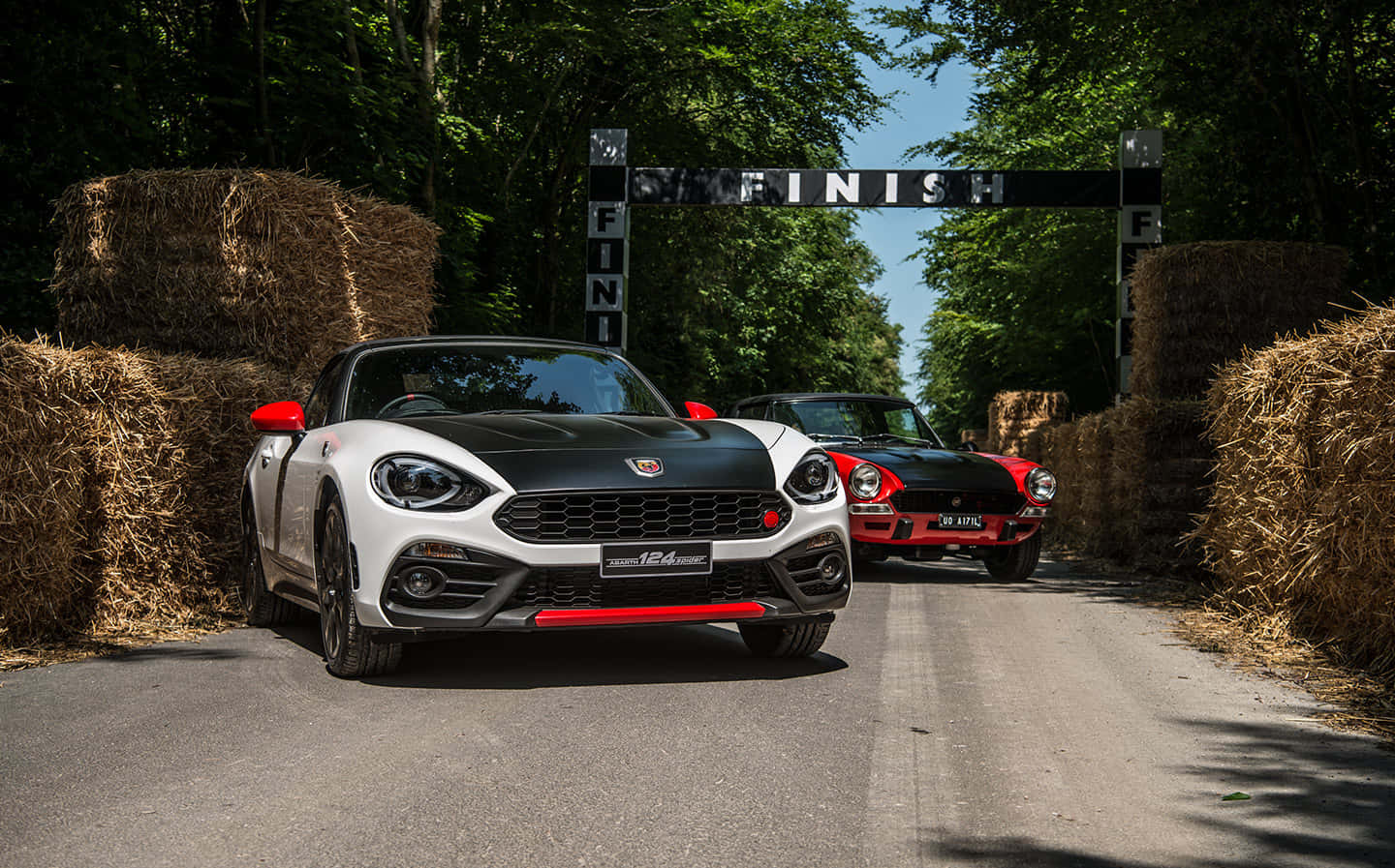 Fiat 124 Spider 桌布 壁紙 — 兩輛經典跑車在晴朗藍天下，沿著兩旁堆滿乾草捆的樹蔭賽道飛馳。