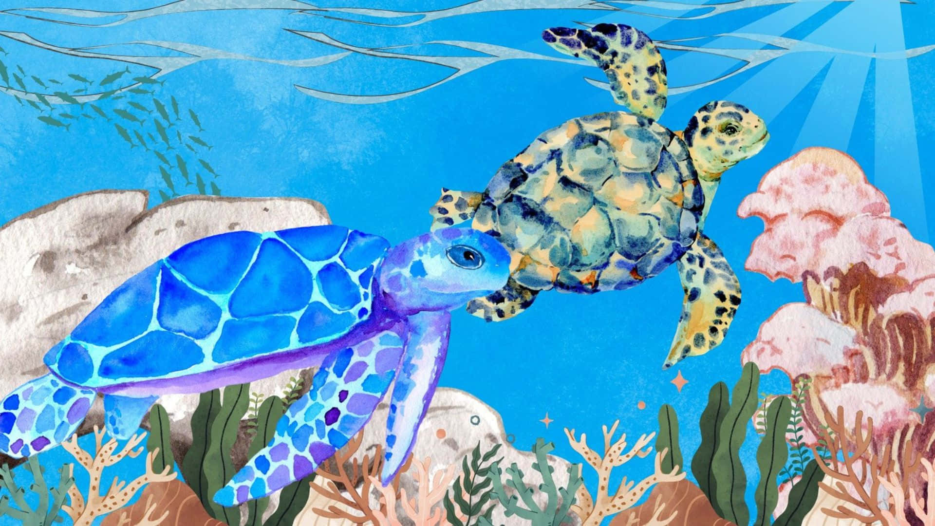  壁紙 — 兩隻色彩斑斕的海龜在水彩風格中，於陽光普照的海浪下穿過充滿活力的珊瑚礁。