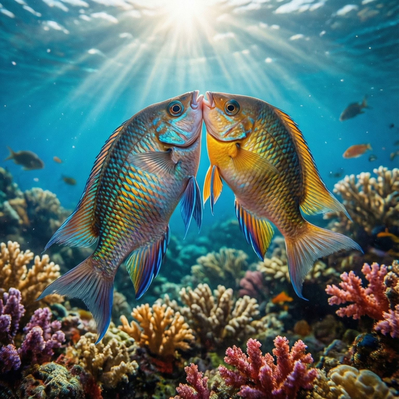 Chromis 桌布 壁紙 — 兩條色彩繽紛的熱帶魚在陽光下依偎於充滿活力的珊瑚礁上方。