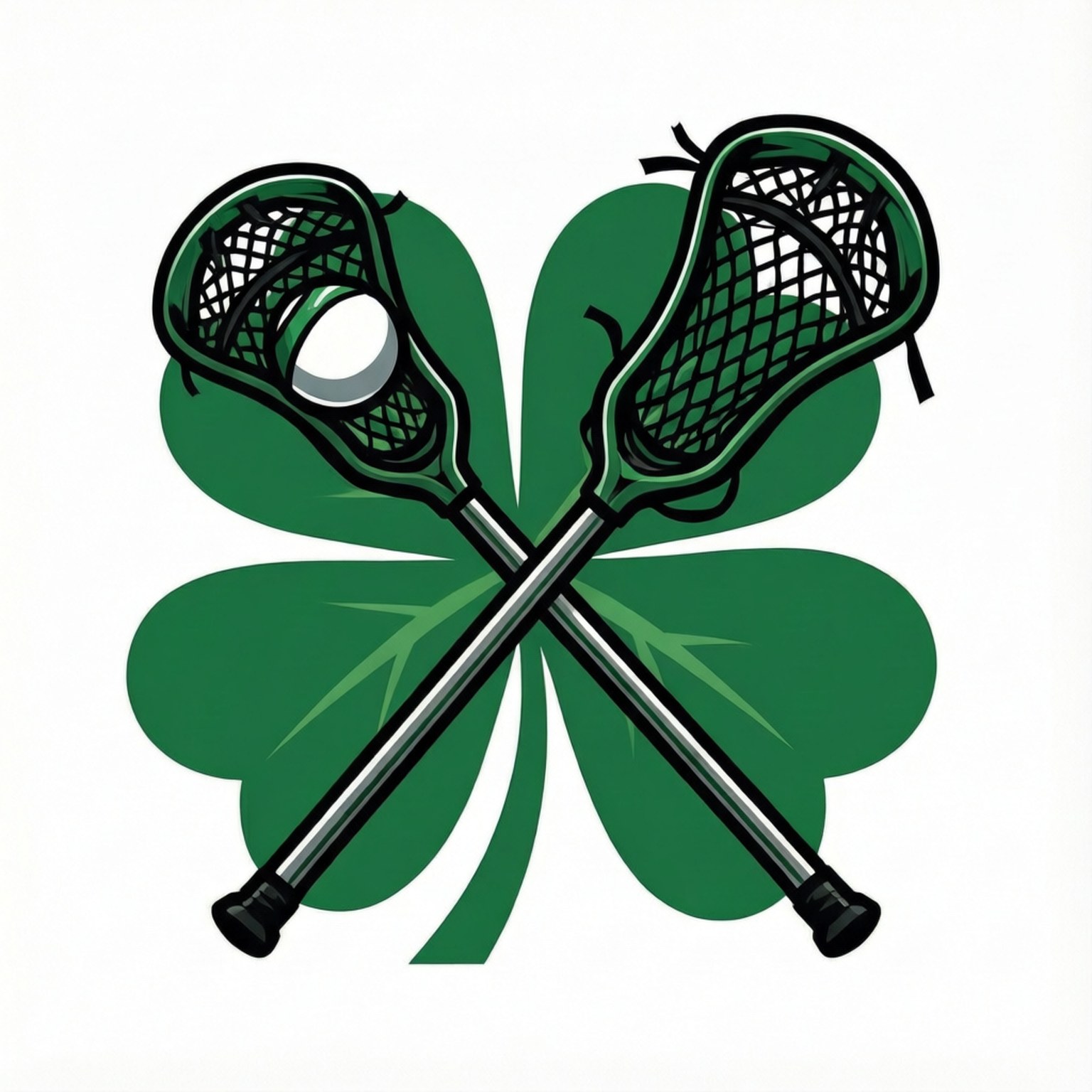 Lacrosse 桌布 壁紙 — 兩支交叉的綠色長曲棍球棍上有一個白色球，放在鮮豔的四葉草上。