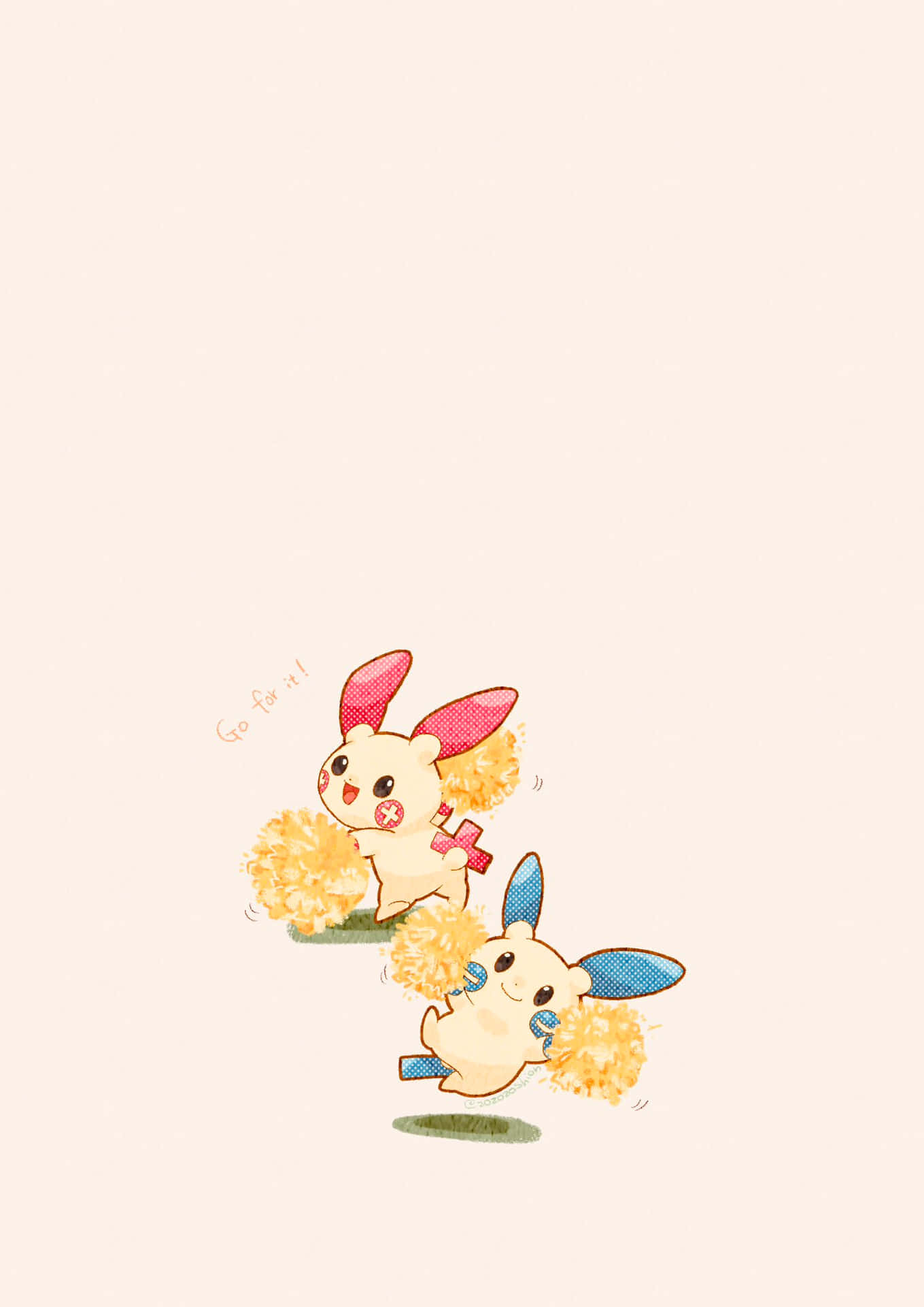  壁紙 — 兩隻可愛嘅動漫風格Pokémon喺柔和米色背景上用啦啦球打氣。