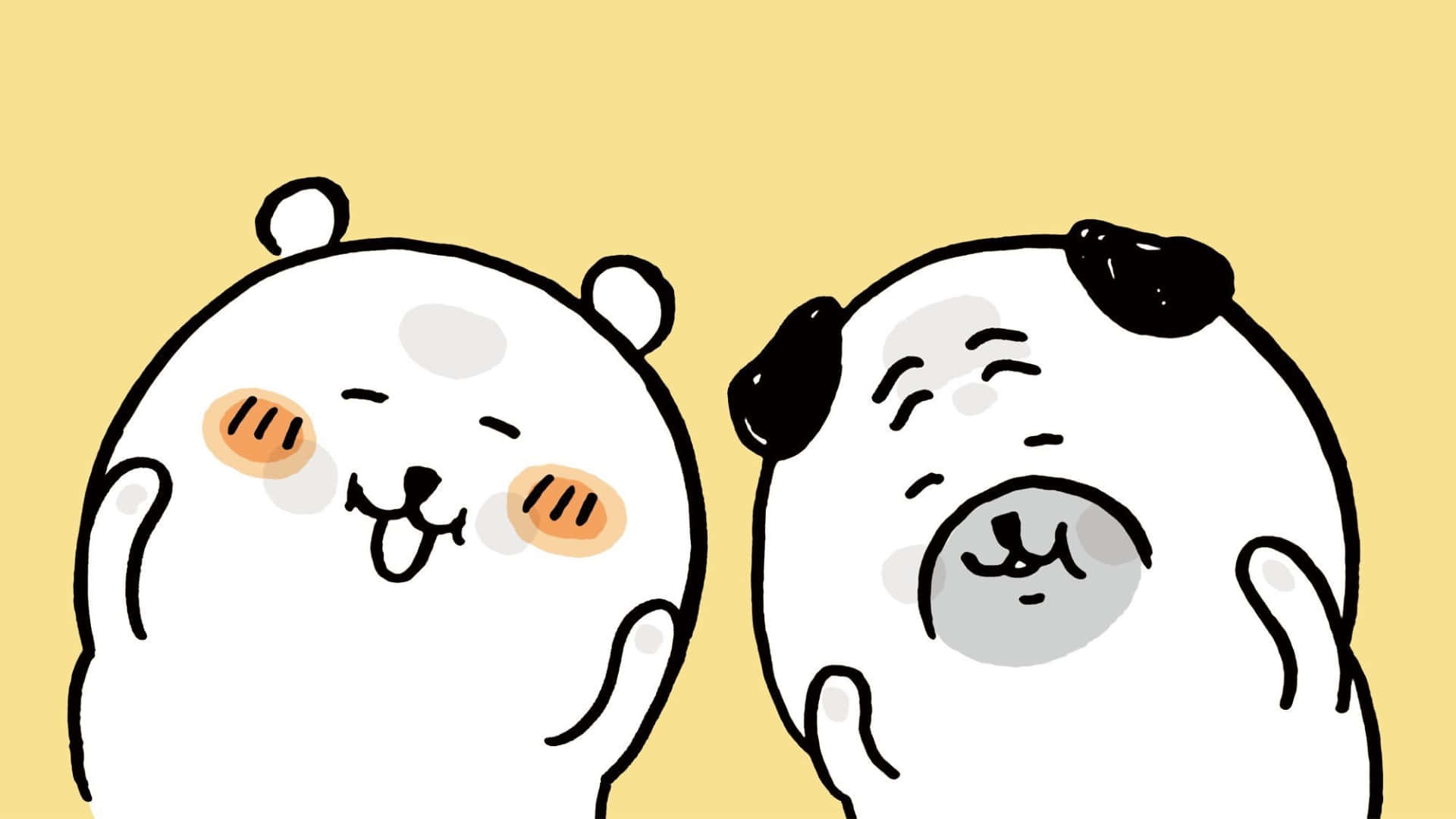  壁紙 — 兩隻可愛的卡通熊，臉頰泛紅，表情開心，在純黃色背景上微笑。