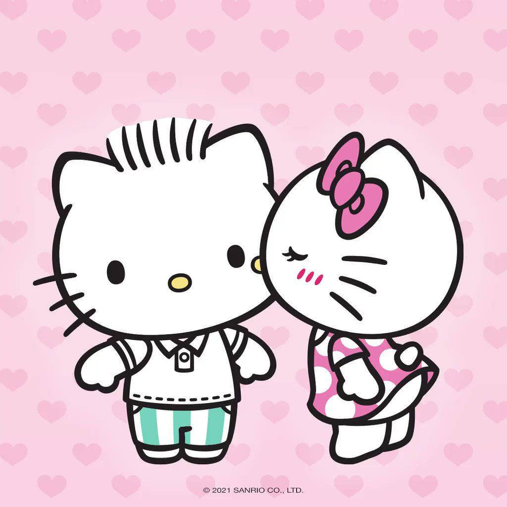 Dear Daniel與Hello Kitty頭像 壁紙 — 兩個可愛的Hello Kitty角色穿著睡衣，在粉紅色心形圖案背景上依偎。