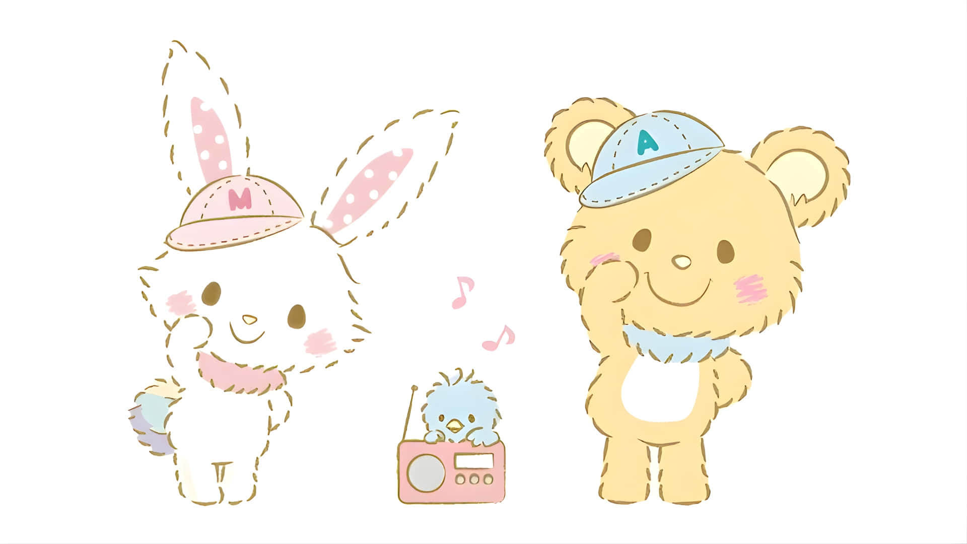  壁紙 — 兩隻可愛的插畫動物，一隻兔子和一隻熊，戴著帽子微笑，旁邊有一個小收音機，周圍漂浮著音符。