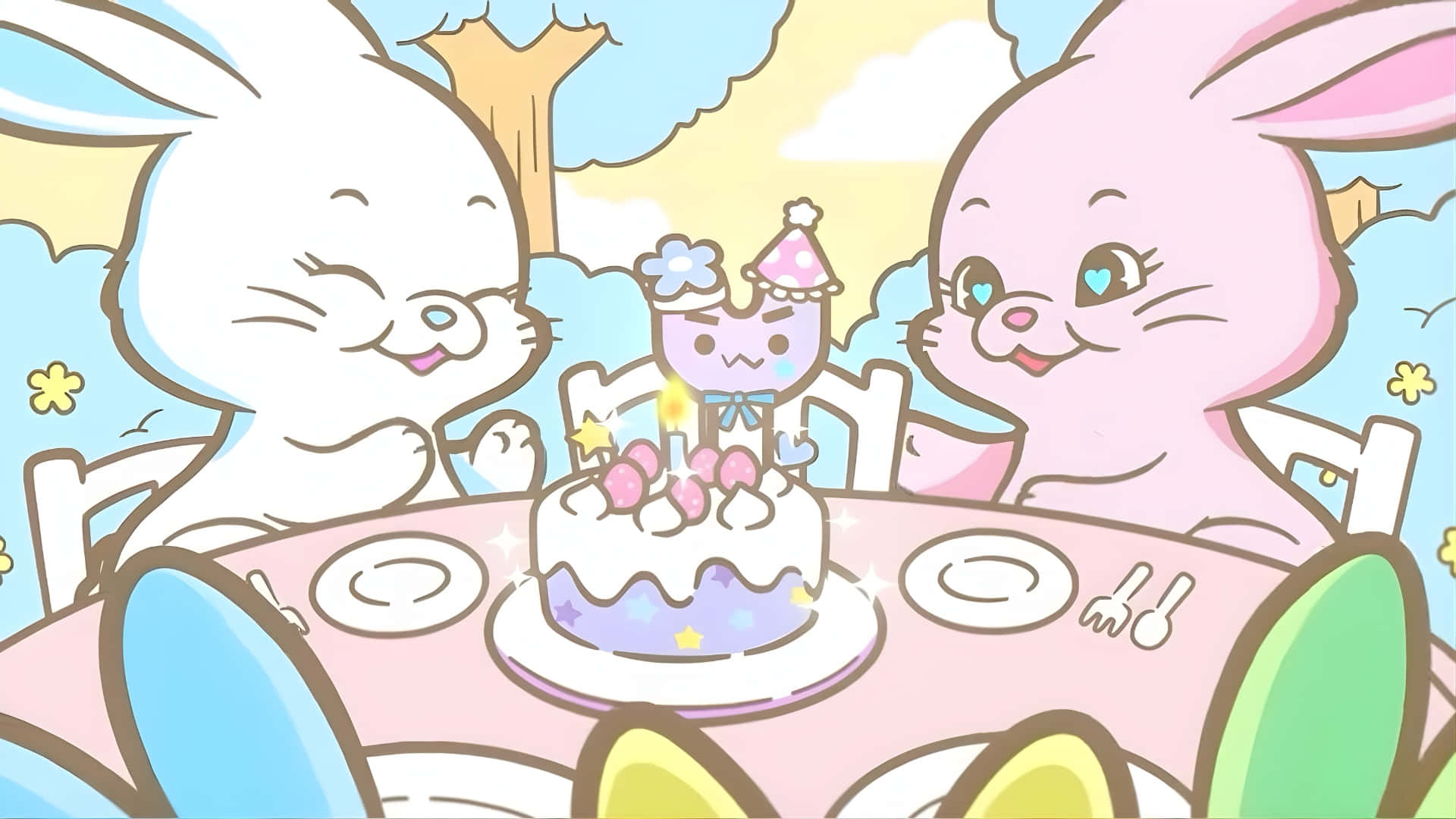  壁紙 — 兩隻可愛嘅兔仔慶祝生日，有隻戴住派對帽嘅細貓坐喺插住點燃蠟燭嘅蛋糕上。
