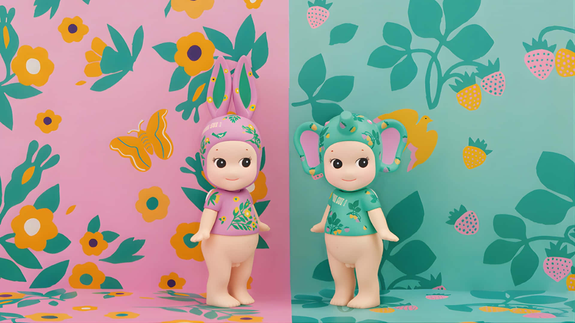  壁紙 — 兩個戴著花帽的可愛玩具公仔站在以花朵、草莓和蝴蝶裝飾的鮮豔粉紅和青綠色牆紙前。