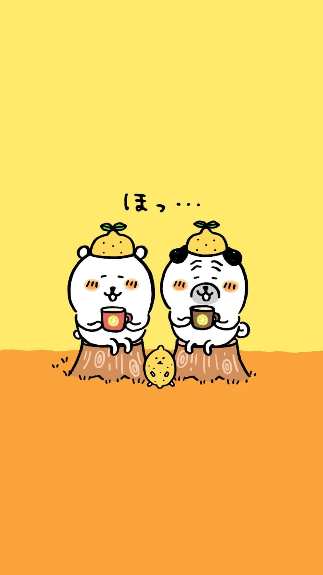  壁紙 — 兩隻戴著檸檬帽的可愛白色卡通熊坐在樹樁上喝茶，背景是溫暖的黃色和橙色漸變。