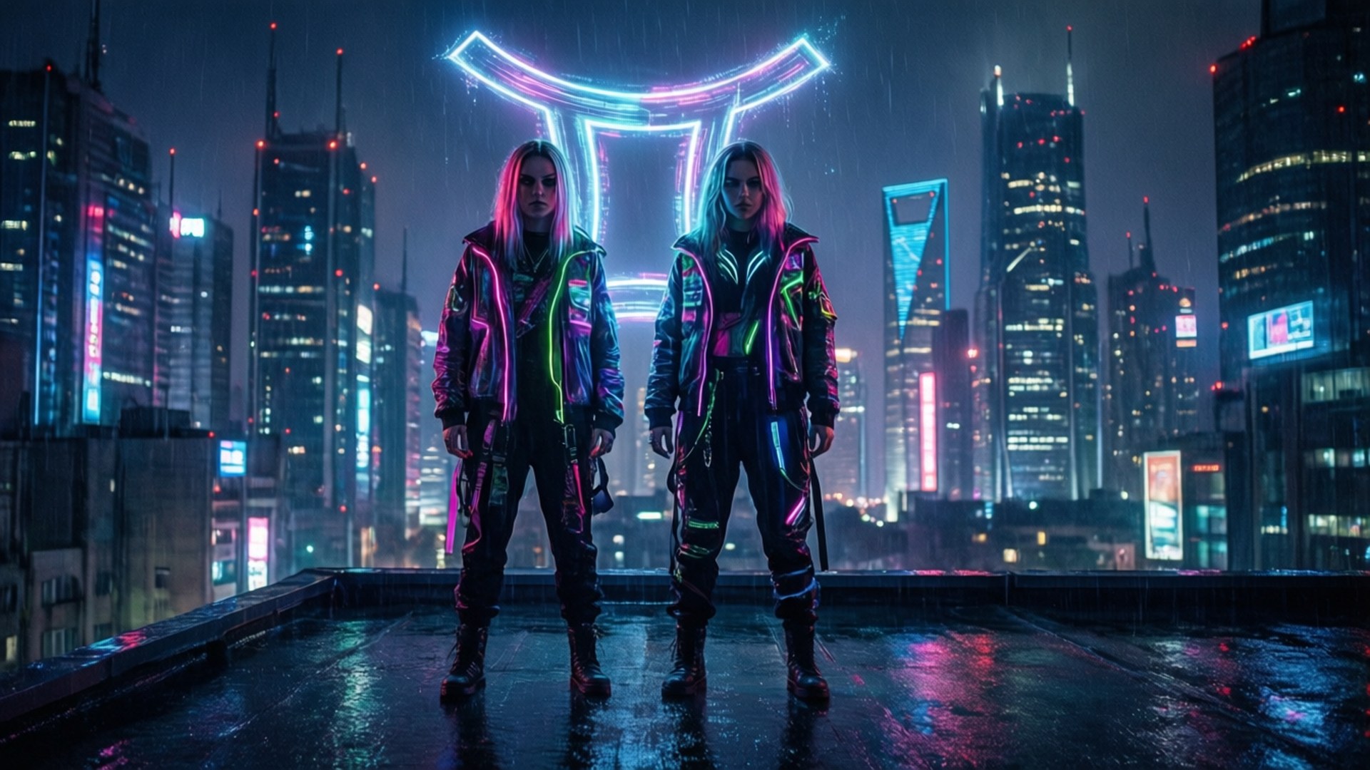 Neon Twins City 壁紙 — 兩個穿著發光外套的賽博龐克人物站在被雨水浸濕的屋頂上，俯瞰著夜晚霓虹燈閃爍的未來城市景觀。