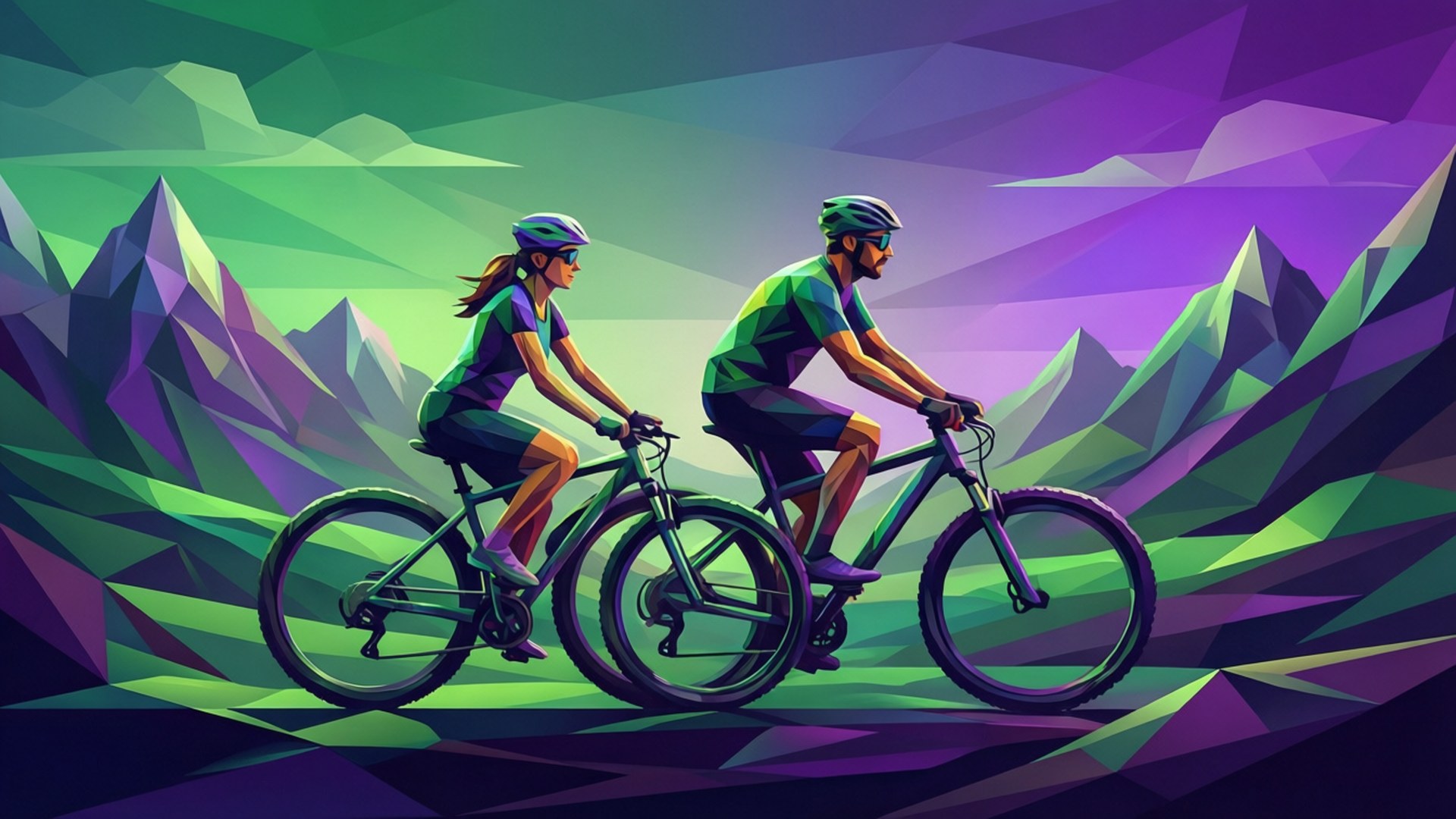 Low Poly Bike Ride 壁紙 — 兩名單車手在紫色和綠色的天空下，騎著山地自行車穿越充滿活力的幾何山景。