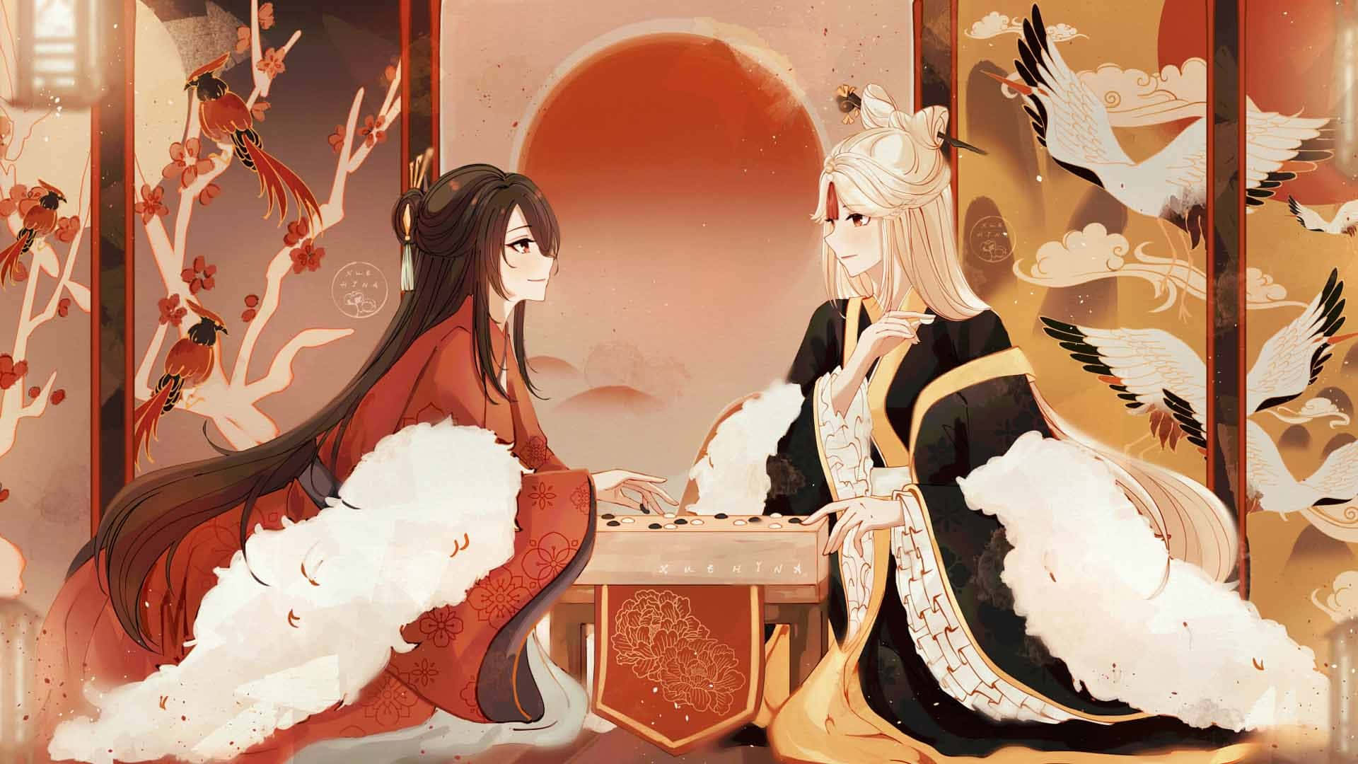 Genshin Impact Ningguang 桌布 壁紙 — 兩個穿著傳統長袍的優雅動漫角色在溫暖的日落天空下一起演奏弦樂器。