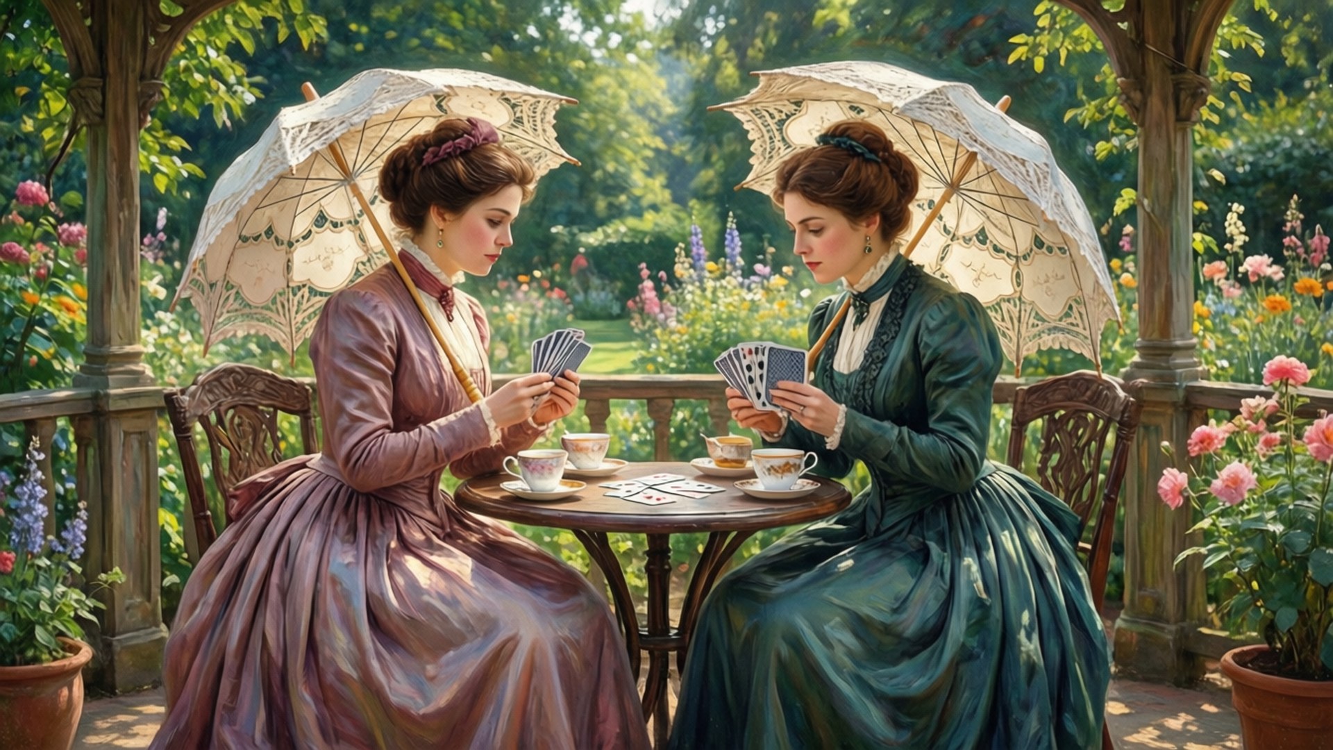 Garden Écarté Afternoon 壁紙 — 兩位穿著優雅的女士在花園涼亭中，於蕾絲陽傘下玩牌，周圍環繞著盛開的花朵。