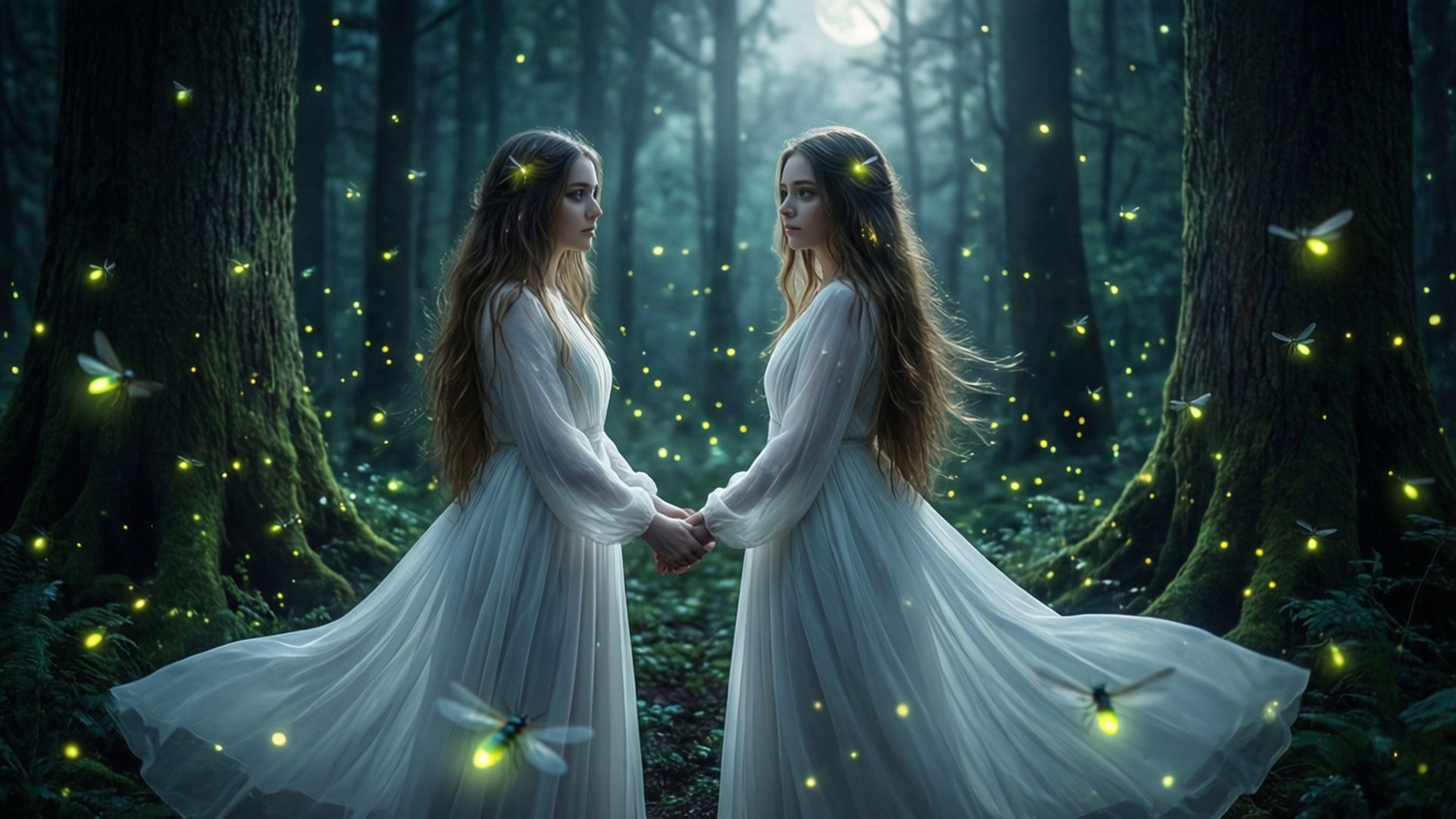 Forest Twin Sisters 壁紙 — 兩位身穿飄逸白色長袍的飄逸女性，在迷霧森林中手牽手，周圍有發光的螢火蟲和一輪蒼白的月亮照亮。