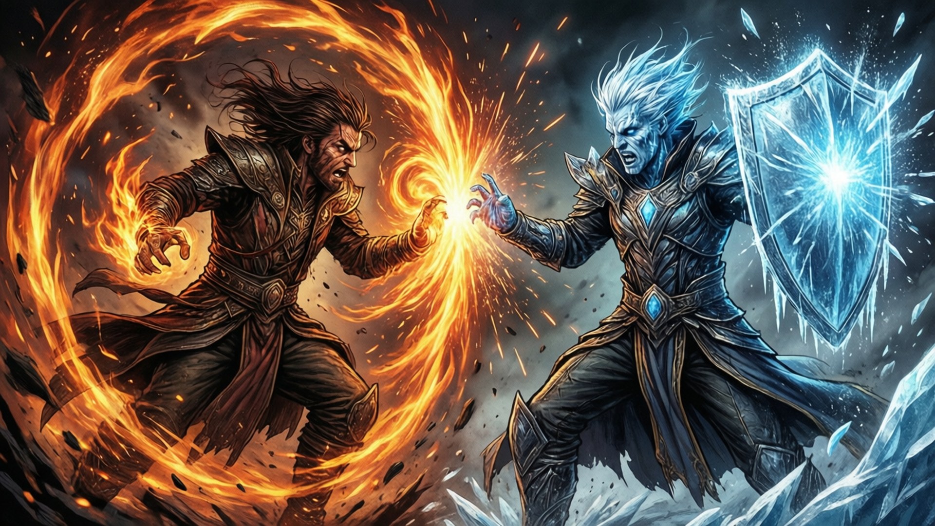 兩位奇幻戰士以火焰和冰霜魔法進行戲劇性的對決。