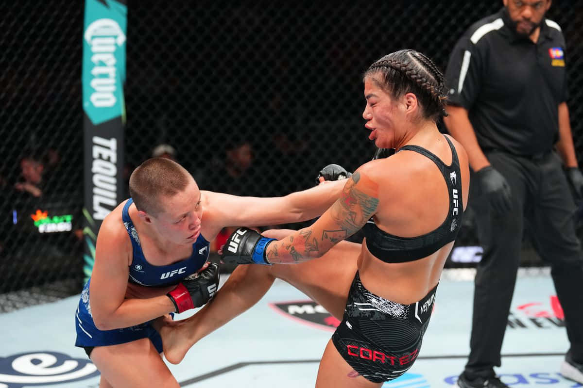  壁紙 — 兩名女性MMA拳手在激烈的鐵籠賽中交鋒，其中一人踢出高踢，另一人防守。