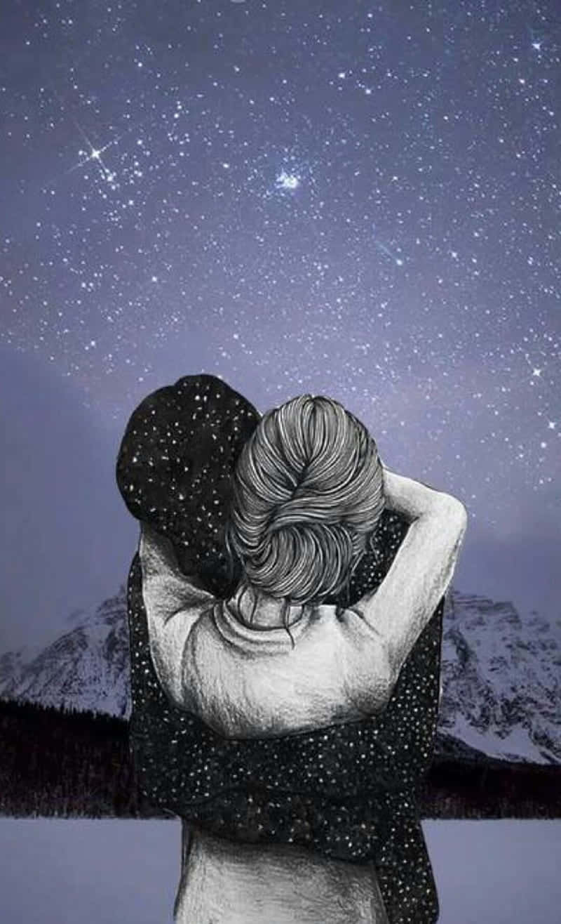  壁紙 — 兩個人物在星空下擁抱，背景是白雪覆蓋的山脈。