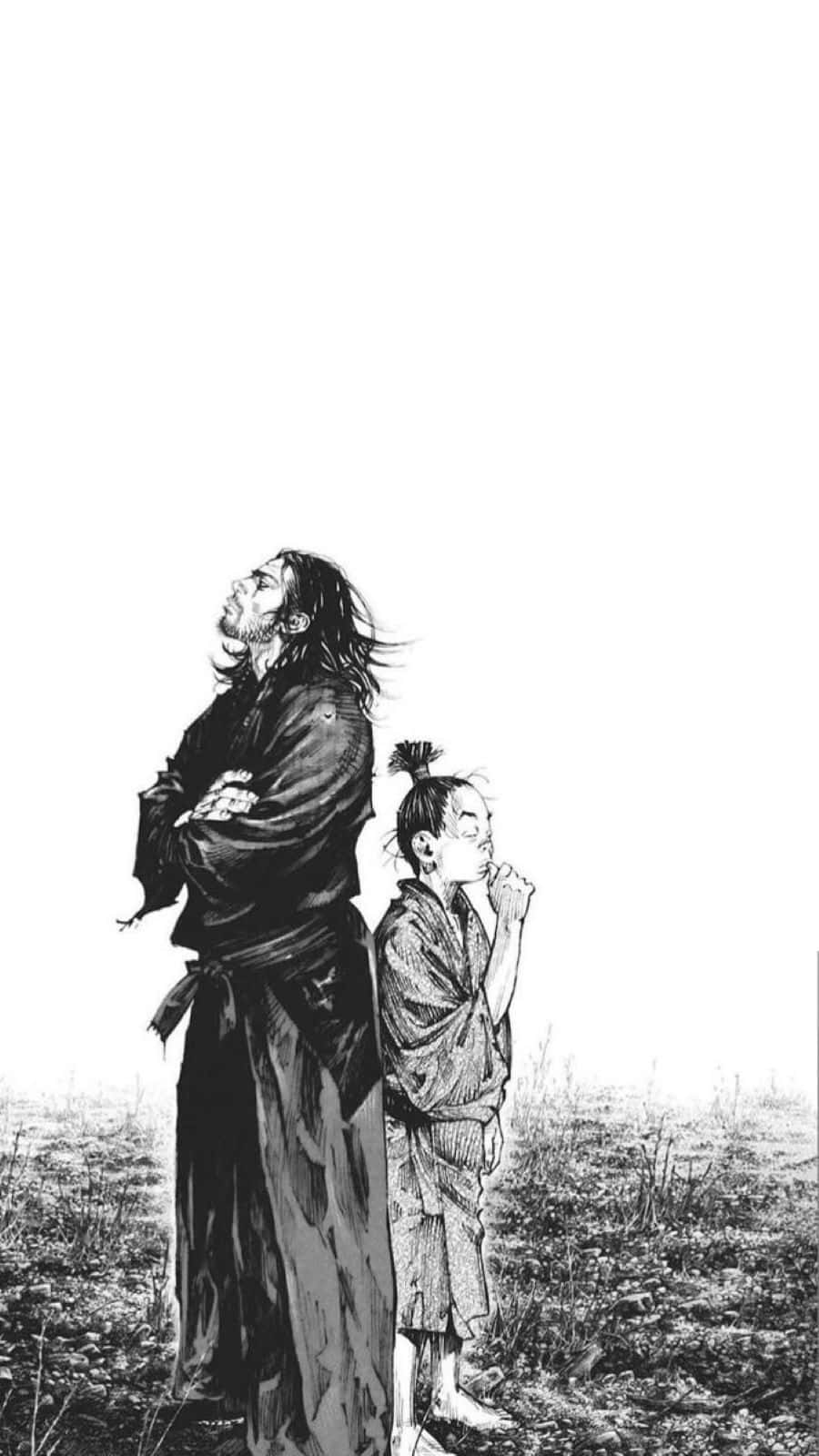  壁紙 — 兩個身穿傳統長袍的人物並肩站在荒蕪的田野中，仰望一片純白的天空。