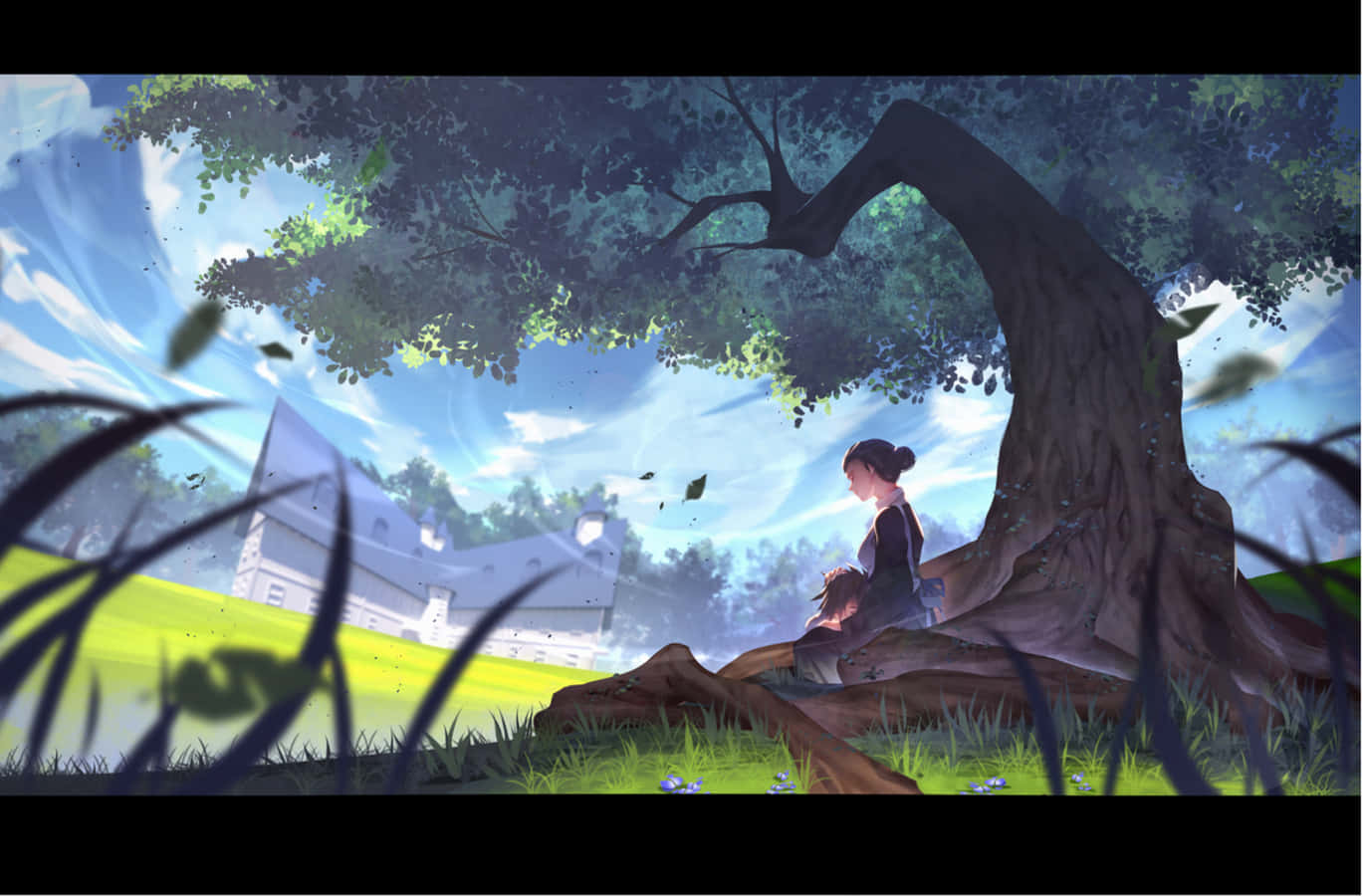 The Promised Neverland Isabella 桌布 壁紙 — 兩個人物平靜地坐在陽光普照的草地上的一棵大樹下，遠處有一間房子，樹葉飄動。