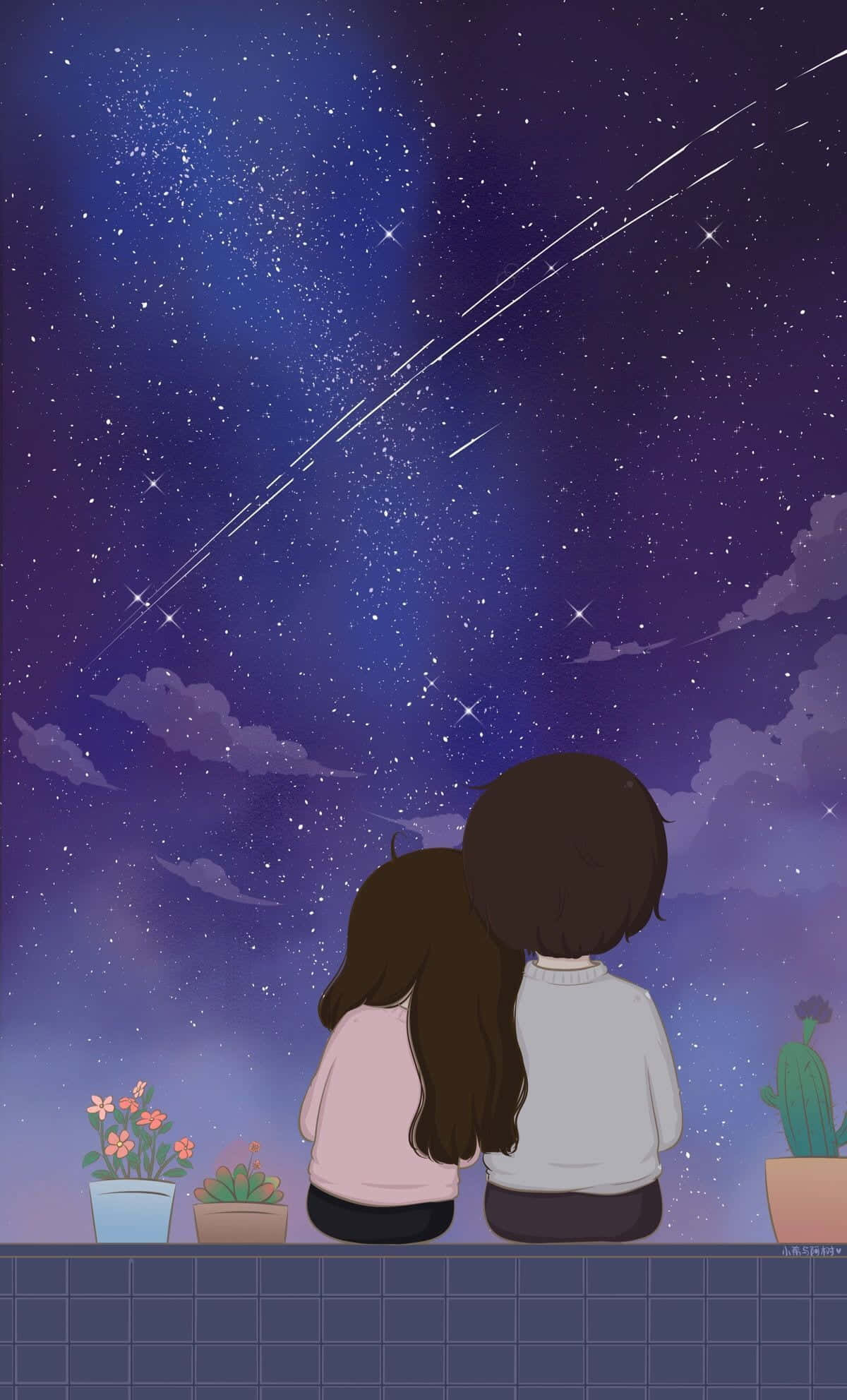 一對情侶仰望星空 壁紙 — 兩個人物並排坐在瓷磚邊緣，凝視著充滿流星和柔和紫色雲彩的 vibrant 星空夜空。