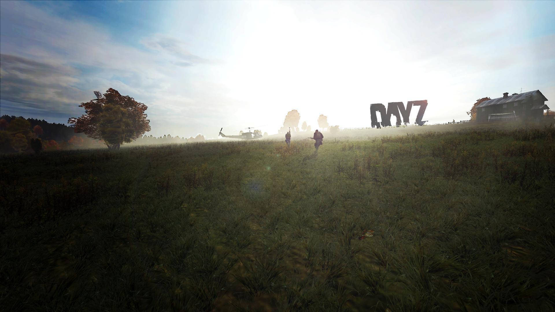 兩個剪影在霧氣瀰漫的田野中，在黎明時分走向一架直升機和一個「DAYZ」標誌。