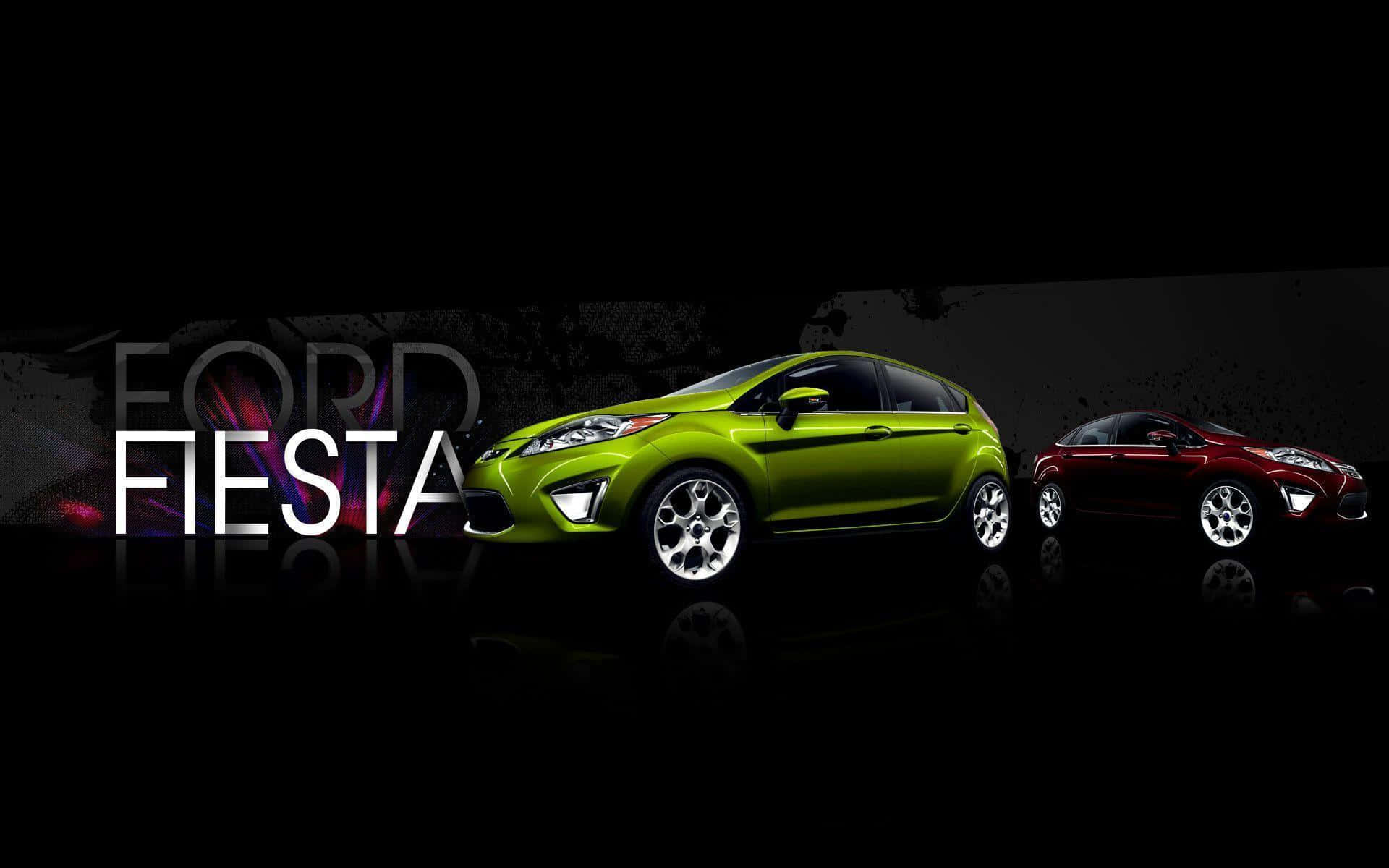 Ford Fiesta 桌布 壁紙 — 兩輛福特Fiesta汽車，一輛青檸綠色，一輛紅色，在深色背景上展示，帶有發光文字。