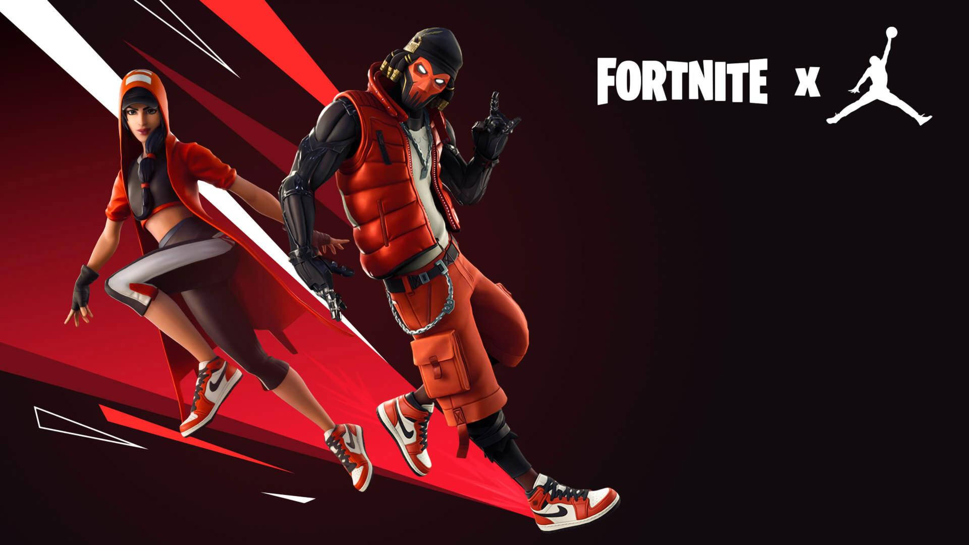兩個Fortnite角色穿著紅色Jordan裝備，擺姿勢並帶有運動線條。
