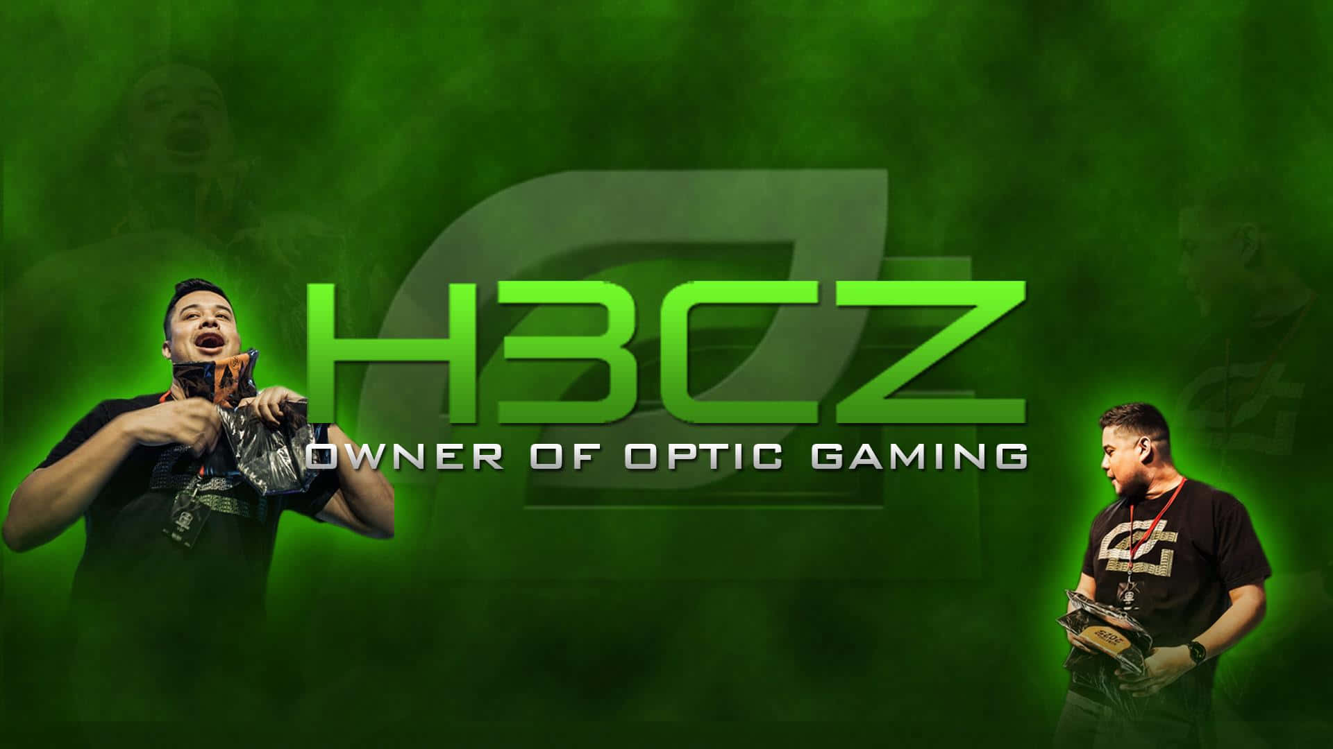 Optic Gaming 桌布 壁紙 — 兩名玩家在發光的綠色背景前慶祝勝利，背景中帶有H3CZ標誌和文字。