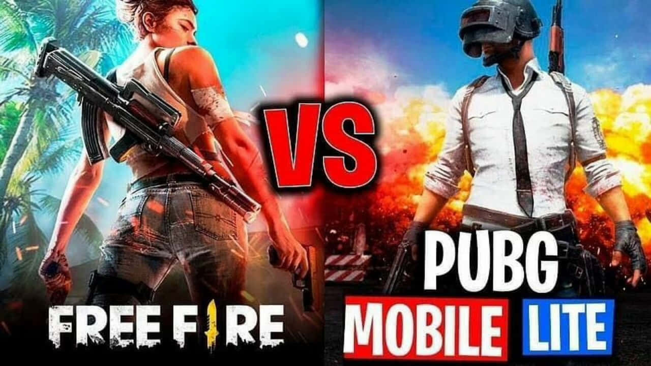  壁紙 — 兩名身穿戰鬥裝備的玩家在 Free Fire 和 PUBG Mobile Lite 之間進行了一場充滿活力的分屏對戰。