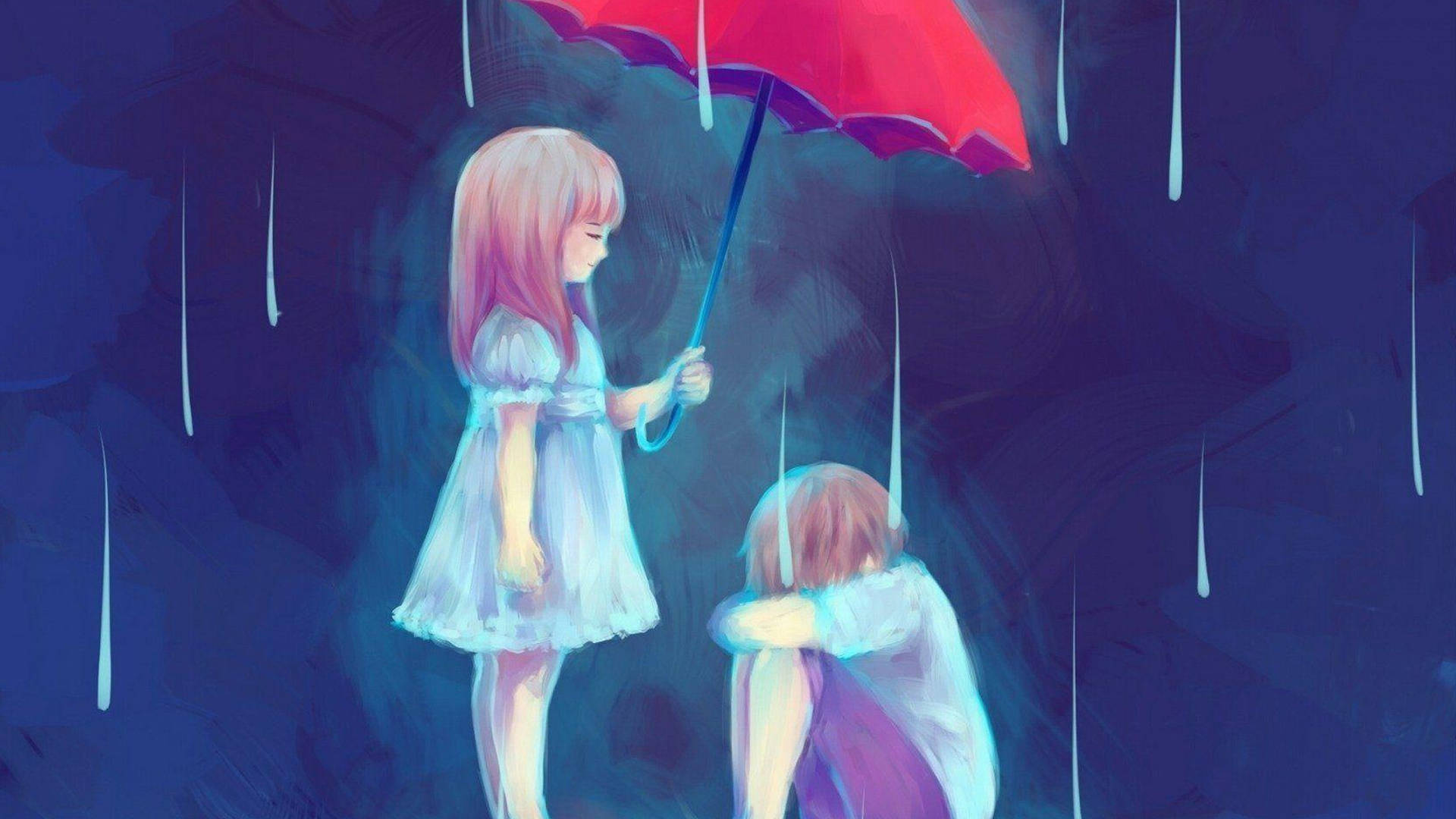 兩個女孩在雨中，一個拿着紅色雨傘，另一個蜷縮坐着