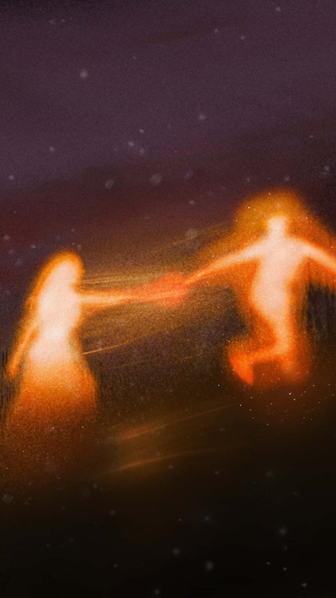  壁紙 — 兩個發光的人形在散發溫暖橙色光芒的星空夜空下牽手。