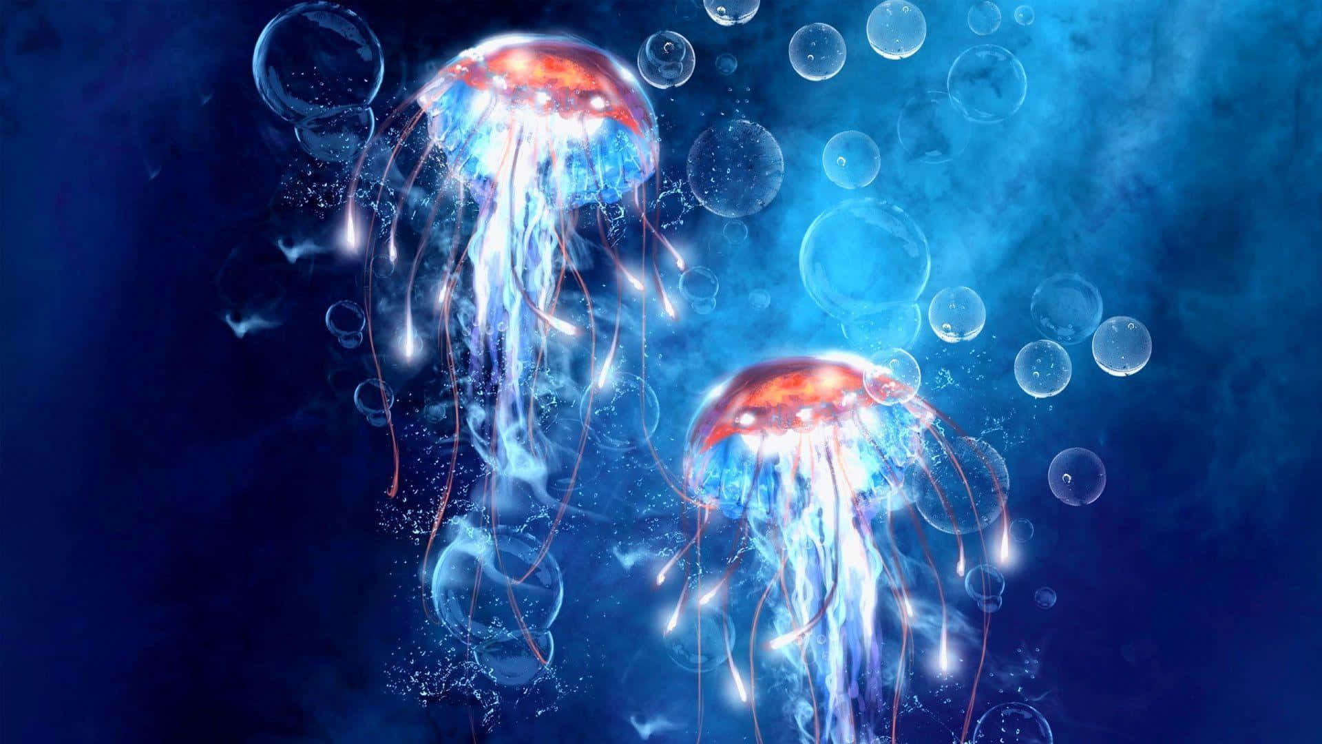  壁紙 — 兩隻發光的水母，頂部呈火橙色，觸手呈電光藍色，在深海中漂浮，周圍閃爍著氣泡。