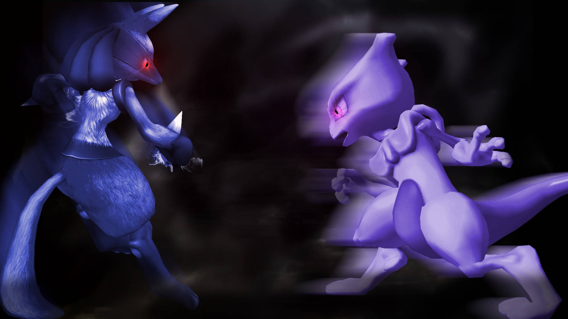 閃耀 Mewtwo 攻擊 Lucario 壁紙 — 兩隻發光的紫色寶可夢在黑暗煙霧彌漫的競技場中對峙，紅色眼睛充滿殺氣。