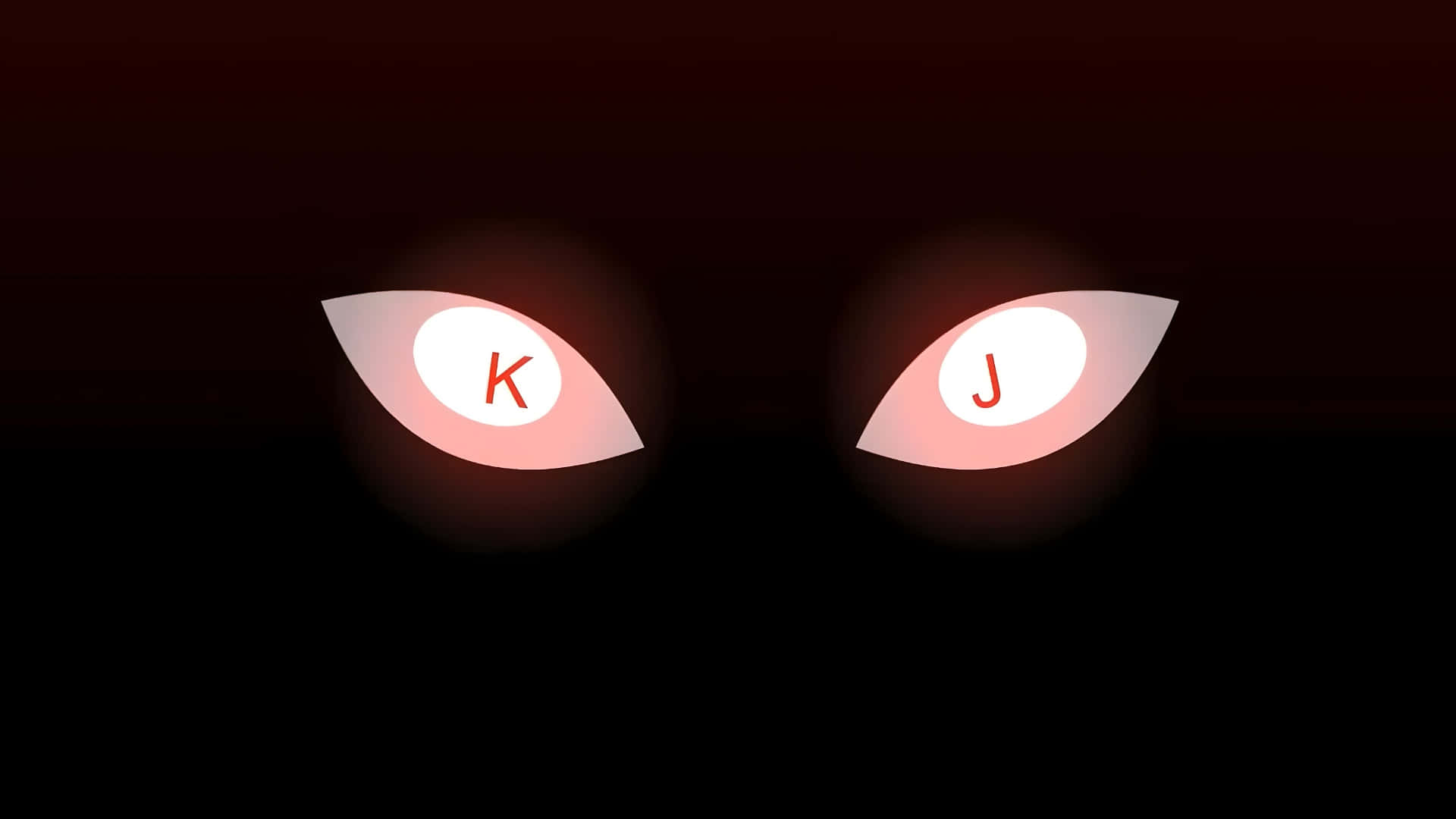  壁紙 — 兩隻發光的紅色眼睛，帶有字母K和J，從黑暗中以數位藝術風格凝視。