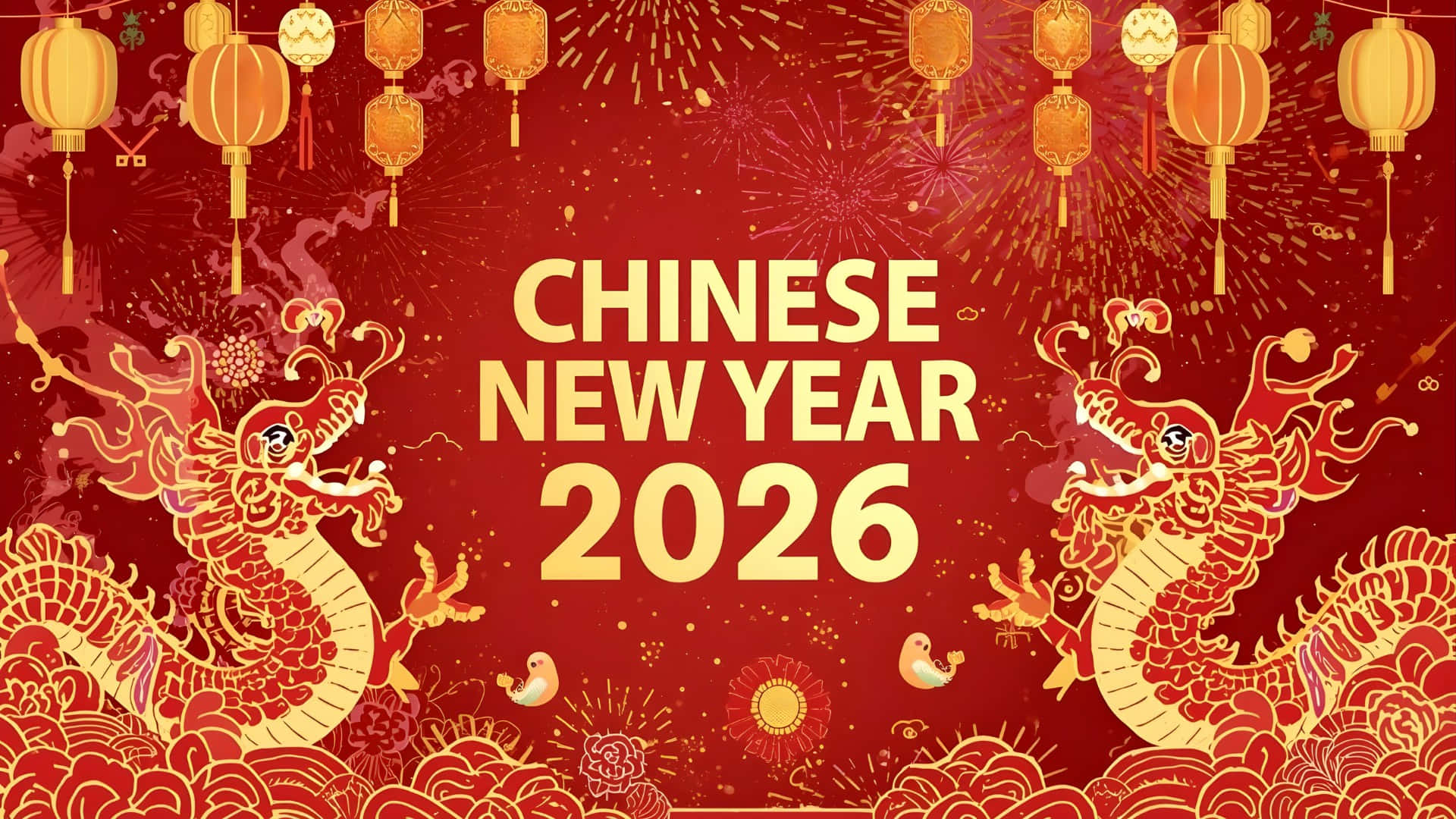  壁紙 — 兩條金龍在慶祝2026年農曆新年的紅色煙花和燈籠中舞動。