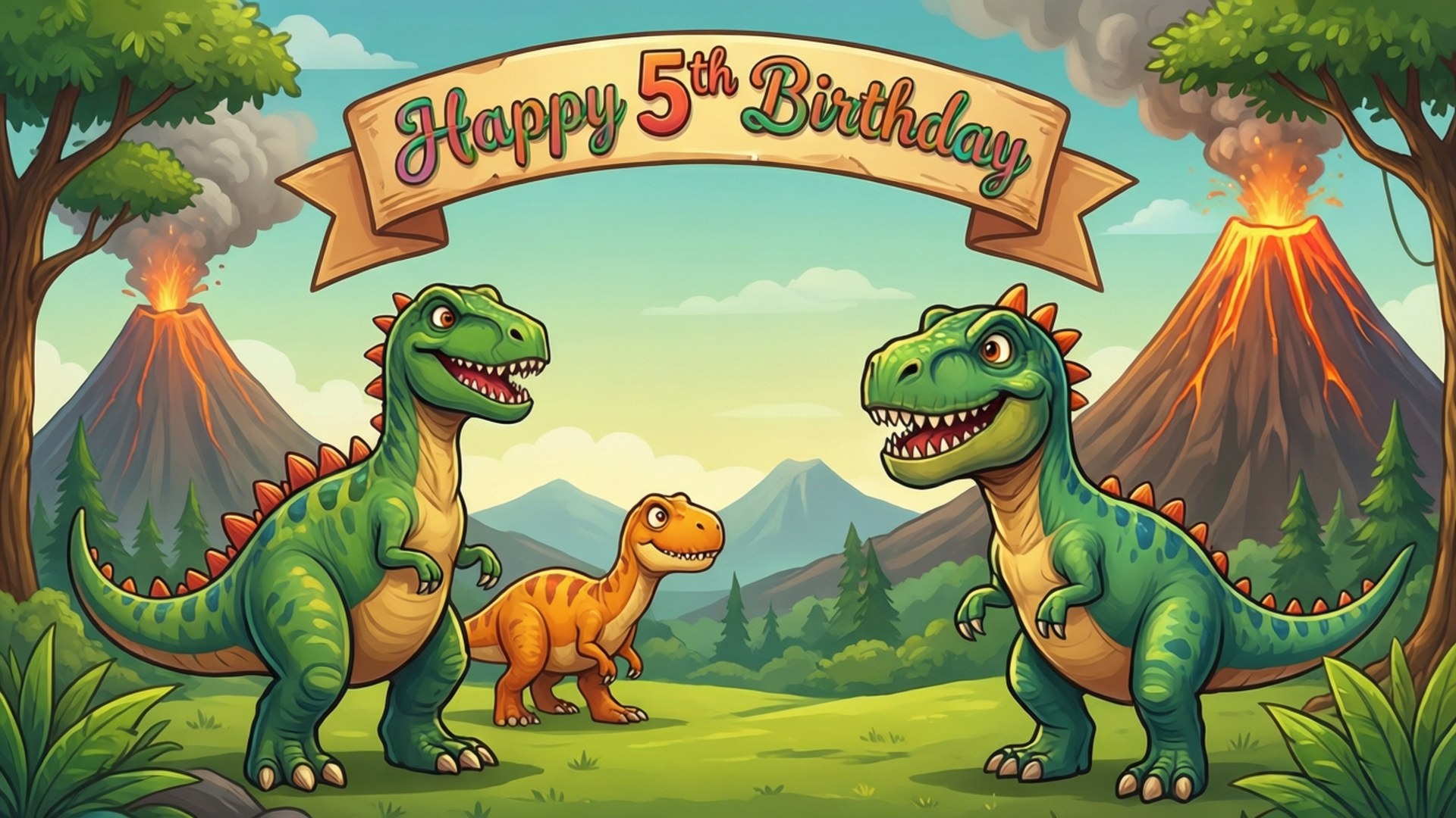5th Birthday 桌布 壁紙 — 兩隻綠色恐龍和一隻細小橙色恐龍在背景有火山爆發的橫幅下慶祝5歲生日。