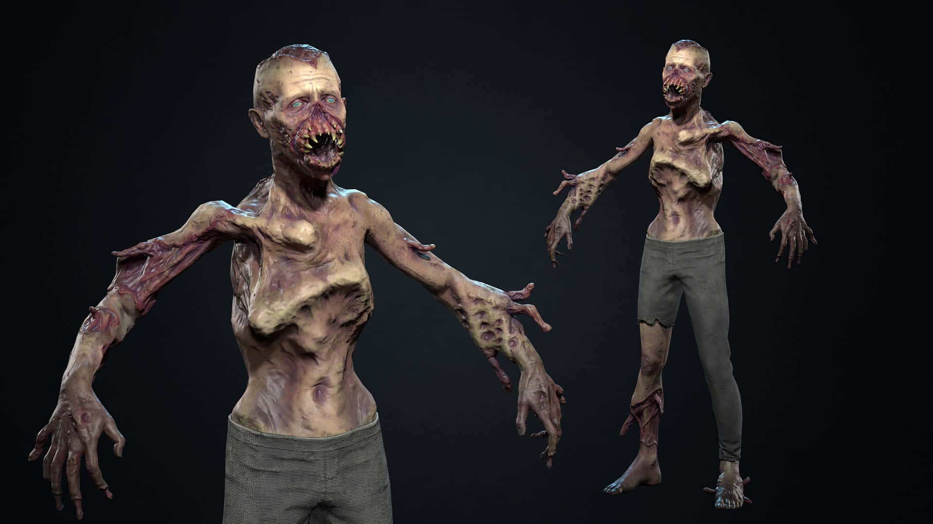  壁紙 — 兩個 grotesque 3D 渲染的殭屍，帶有腐爛的肉和暴露的肌肉，站在黑色背景前。