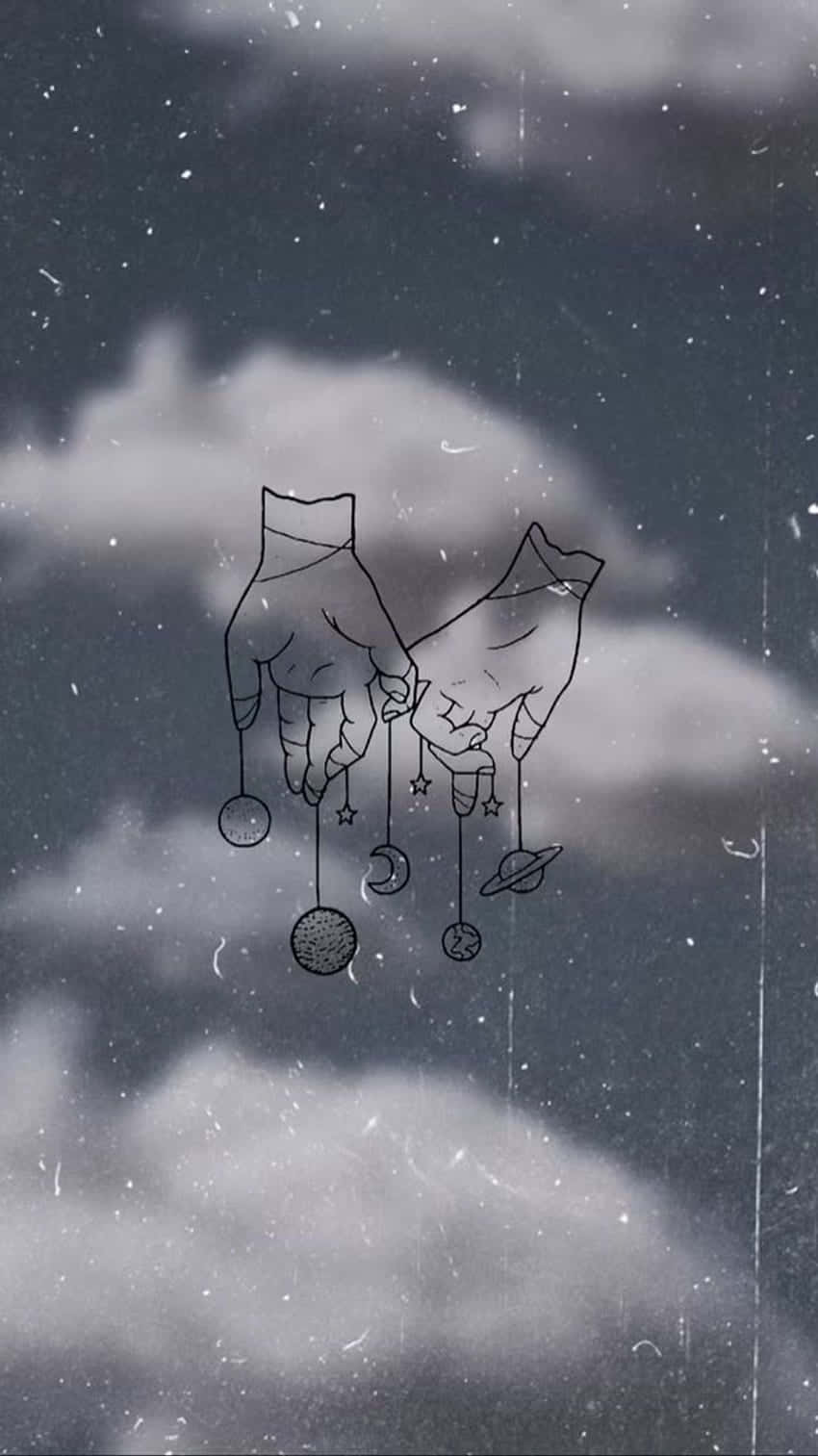  壁紙 — 兩隻手托住天體，如行星和月球，背景係多雲嘅星空，帶有復古菲林顆粒效果。