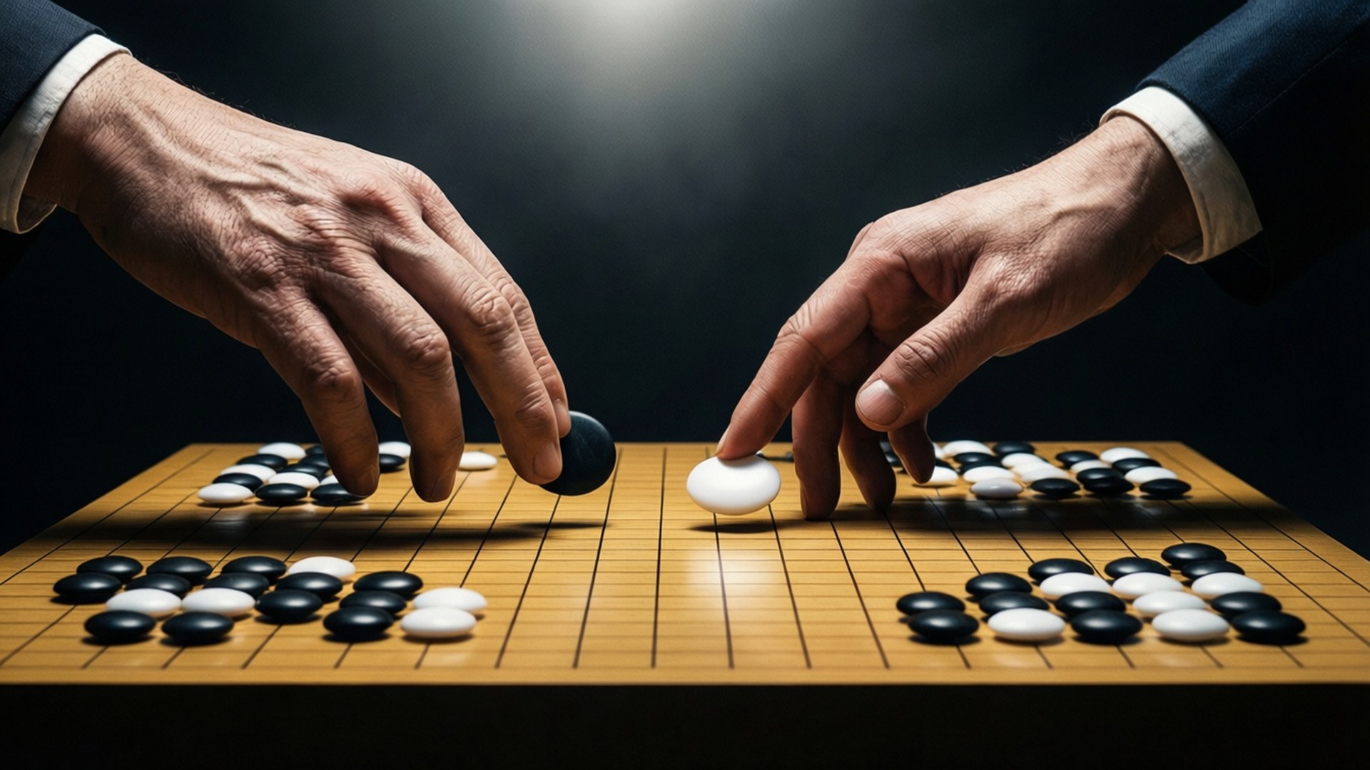 Go 桌布 壁紙 — 兩隻穿著正式袖子的手在戲劇性聚光燈下將黑白棋子放在木製圍棋棋盤上。