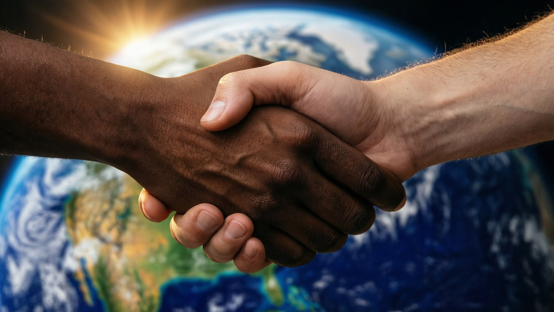 International Day Of Peace 桌布 壁紙 — 兩隻不同膚色的手在發光日出的地球背景下緊緊握住彼此。
