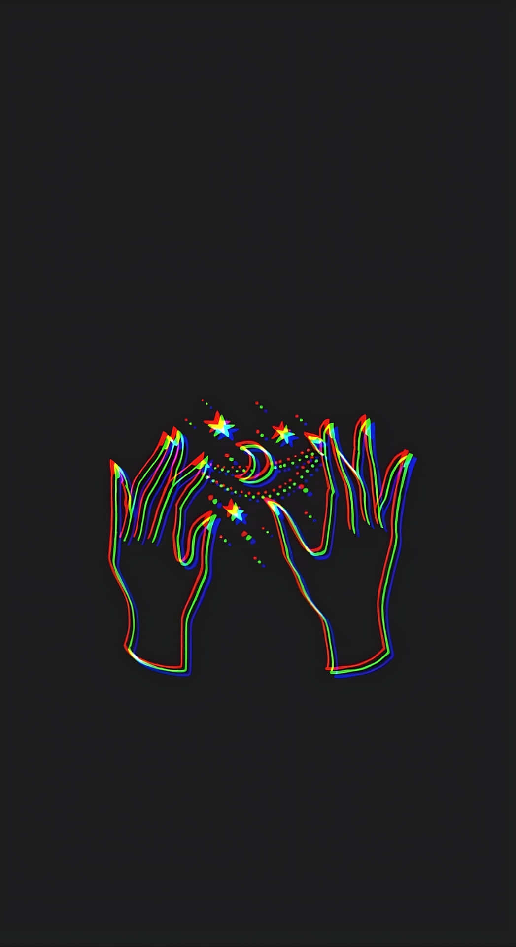  壁紙 — 兩隻以彩虹色差勾勒輪廓的手，在黑色背景上輕輕托著一彎新月和閃爍的星星。