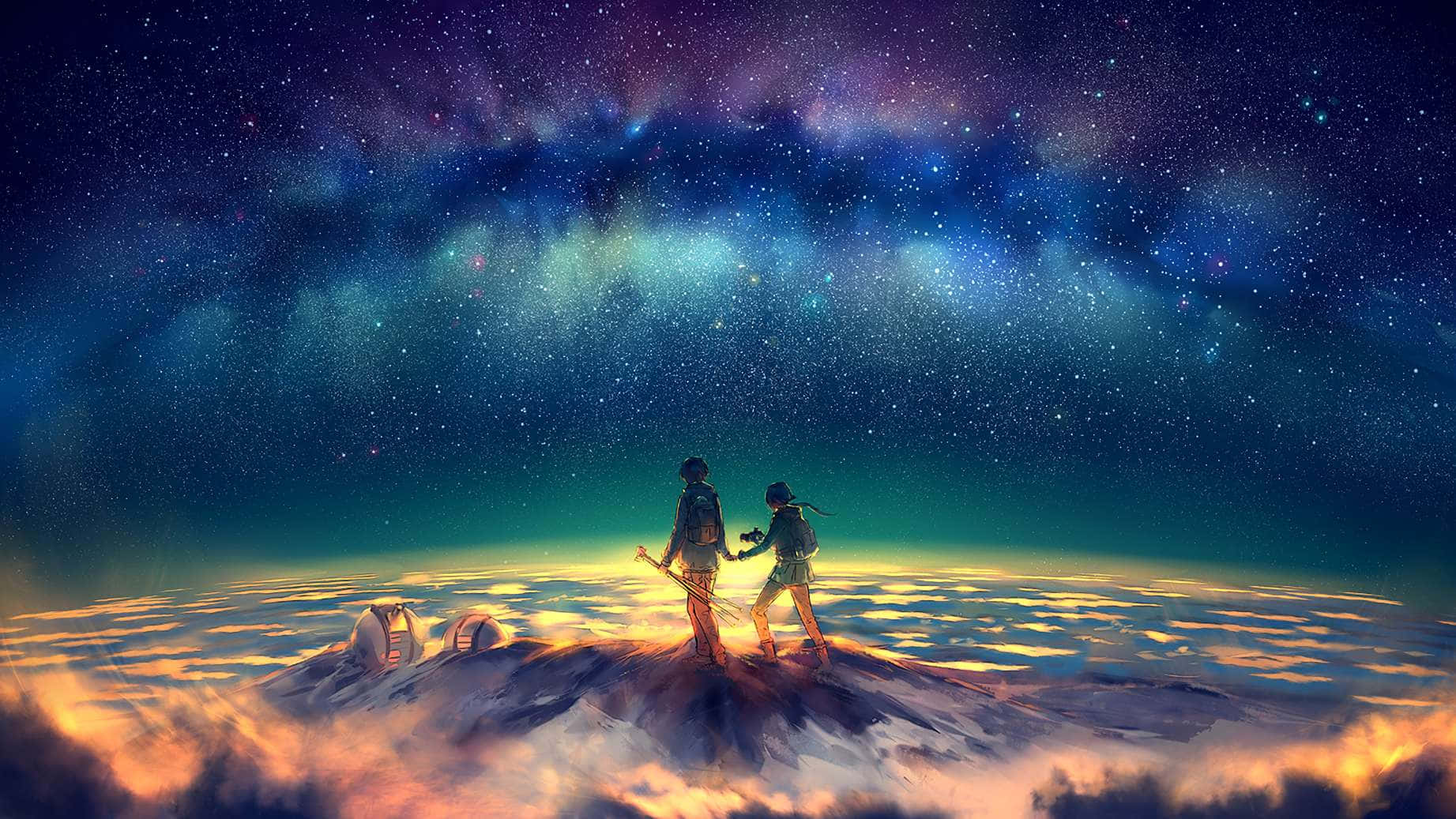  壁紙 — 兩名遠足者站在白雪覆蓋的山頂上，上方是充滿活力的星空和發光的極光。