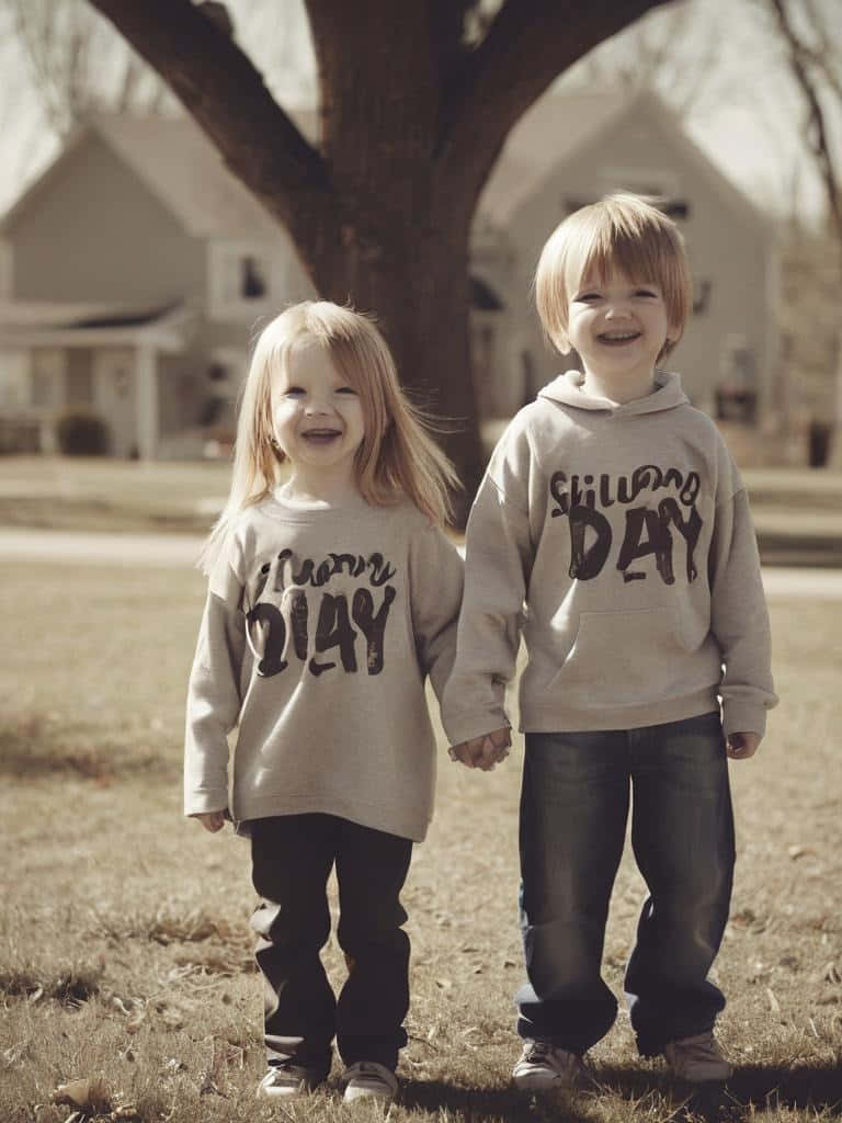  壁紙 — 兩個快樂的小孩穿著相配的「Sunny Day」連帽衫，在陽光普照的郊區庭院樹下牽手大笑。