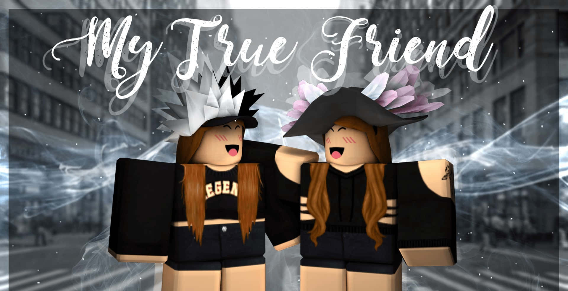  壁紙 — 兩個快樂的Roblox頭像，戴著尖刺和花卉帽子，在煙霧彌漫的城市背景和發光文字前手挽手站著。