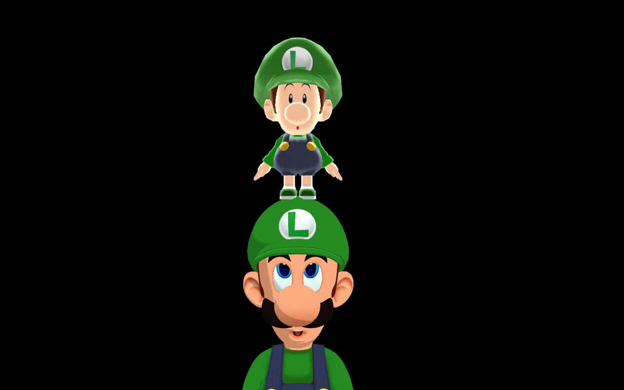 Baby Luigi 桌布 壁紙 — 兩個路易吉角色垂直堆疊在黑色背景上，一個在另一個的頭頂上。