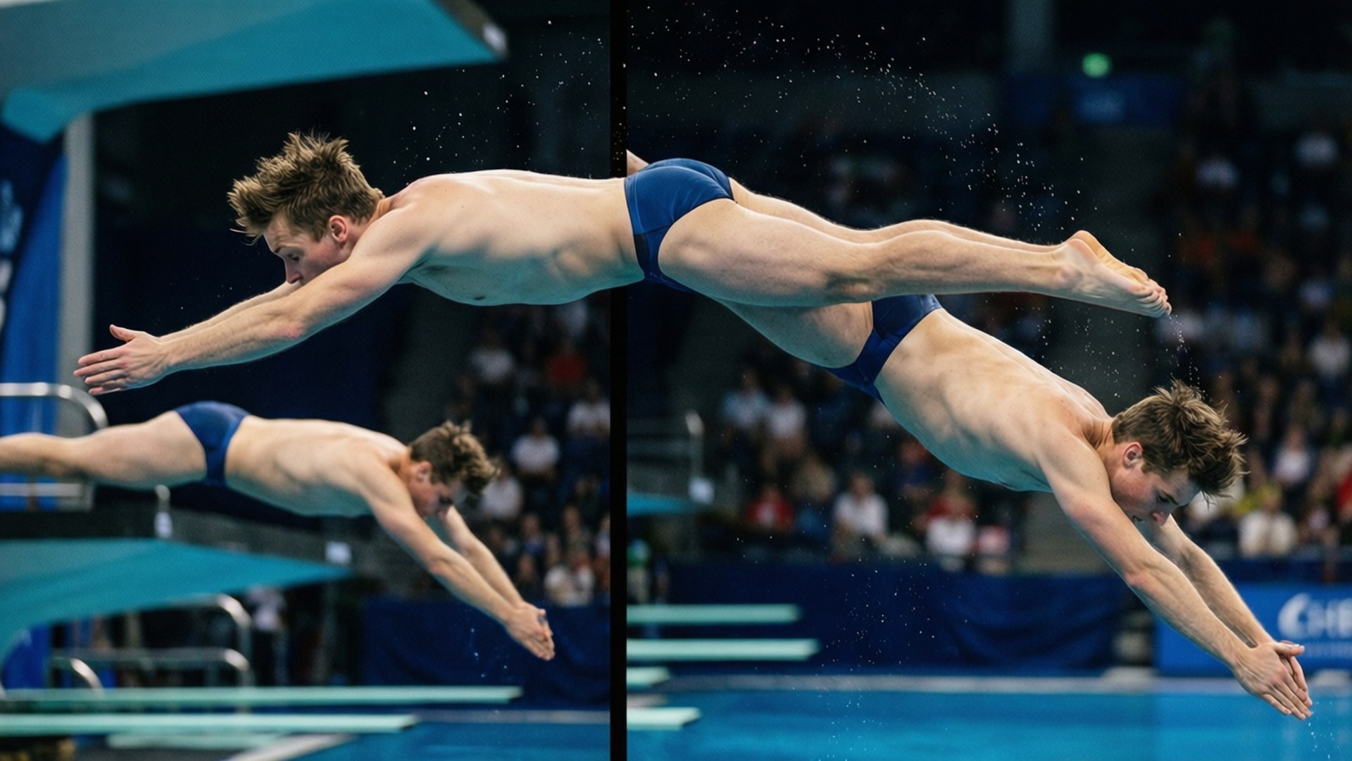 Tom Daley 桌布 壁紙 — 兩名身穿藍色泳褲的男性潛水員在泳池上方以完美姿勢執行同步跳水，水滴在他們周圍飛濺。