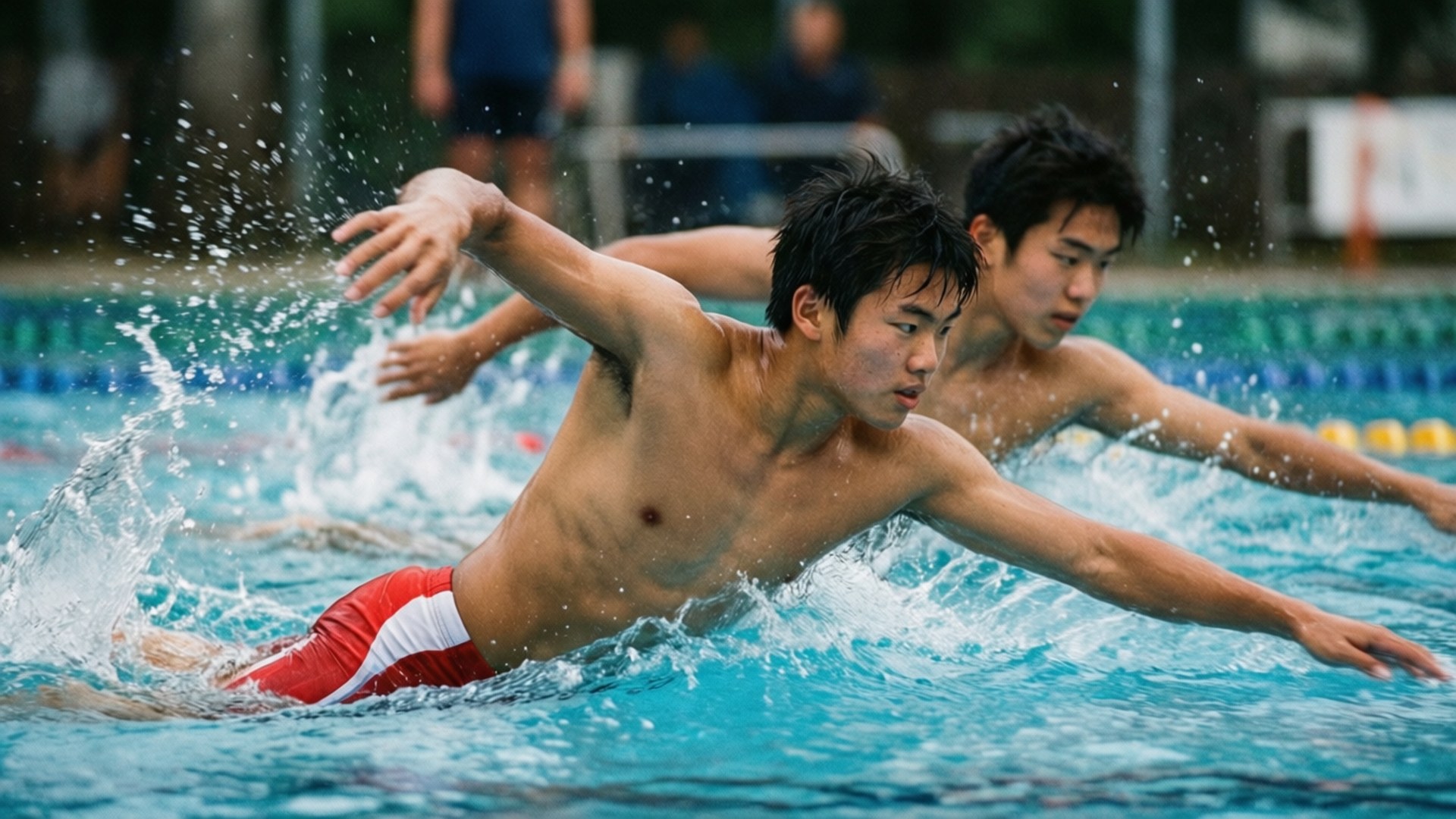 兩名男性泳手在泳池中比賽，水花四濺。